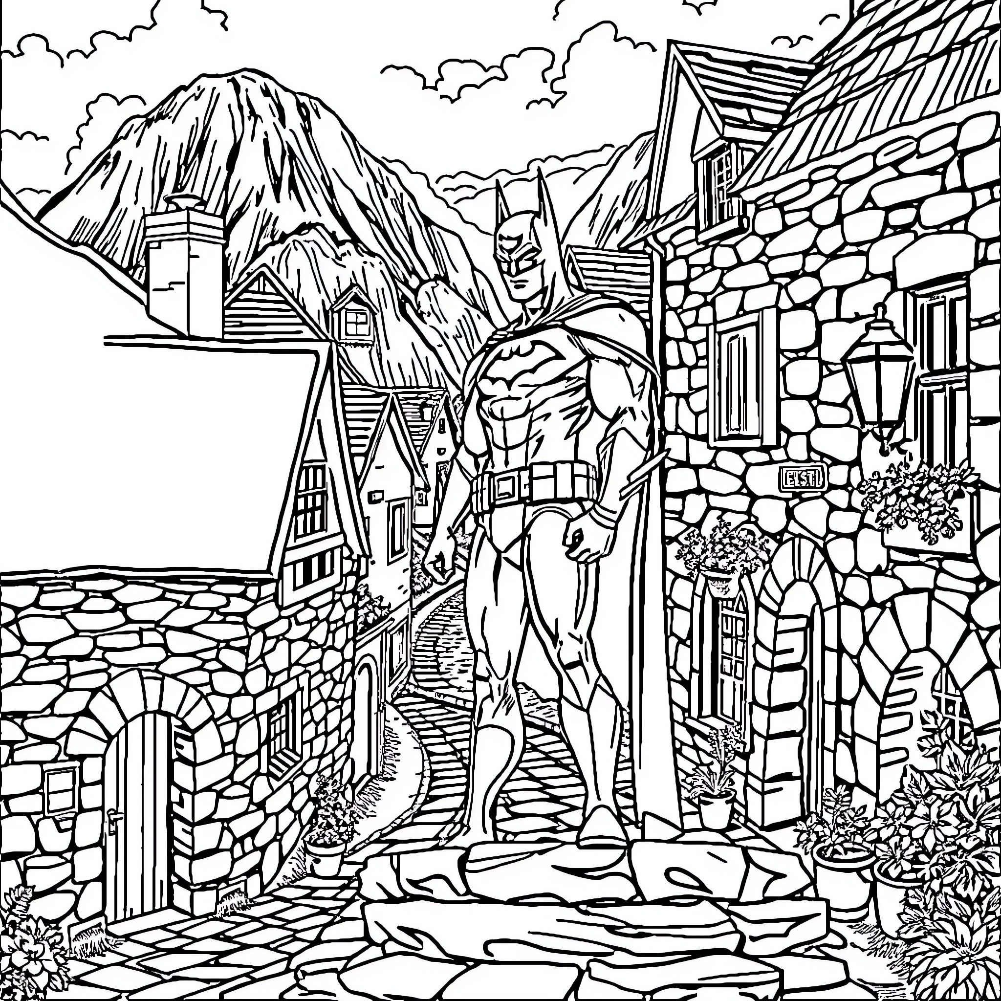 Batman's Heroic Presence in Mountainous Cityscape Coloring Page (free black-and-white line drawing printable PDF for all, from beginners to advanced learners, including children, teens, adults, and seniors)