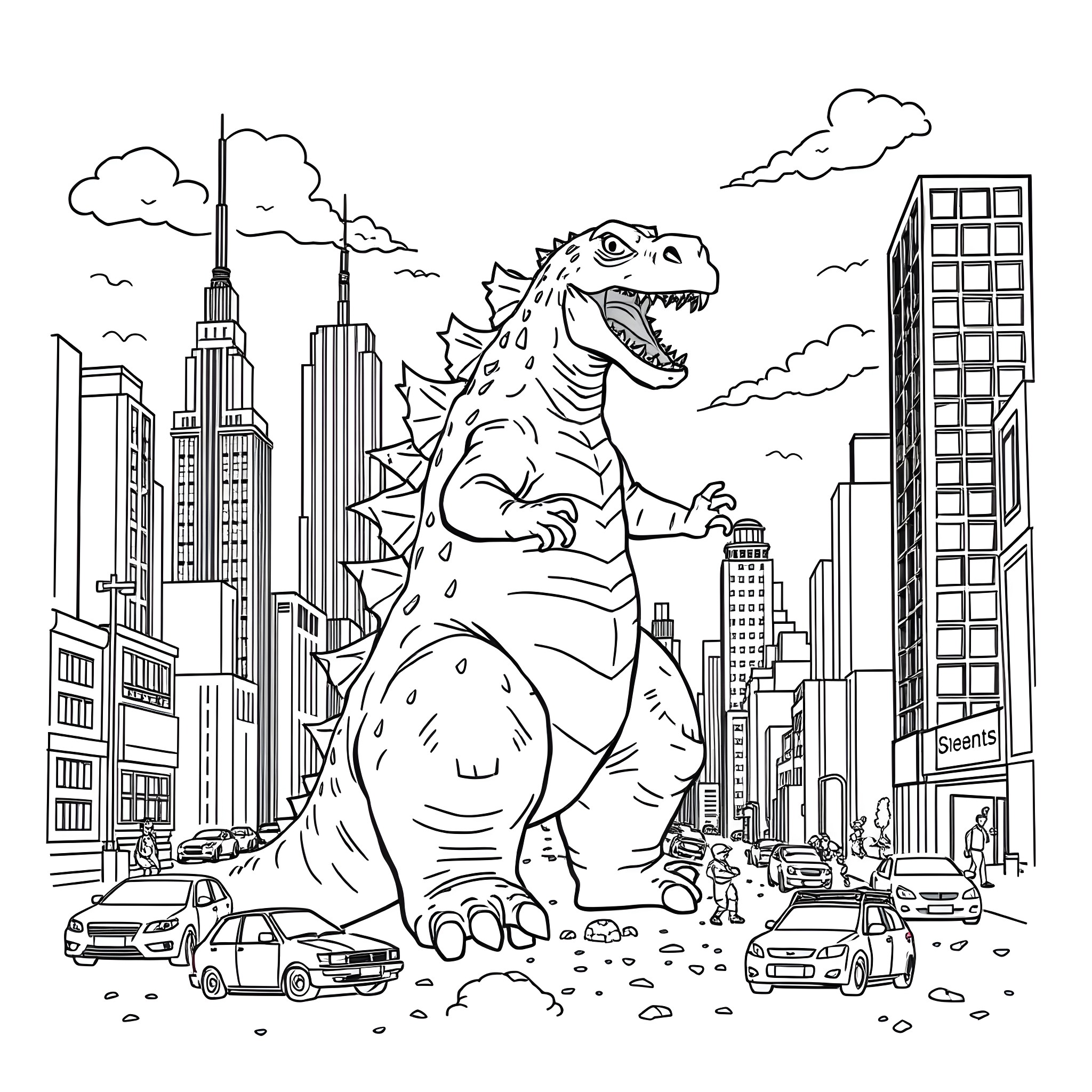 Godzilla Rampaging Through the City Skyline Coloring Page (free black-and-white line drawing printable PDF for all, from beginners to advanced learners, including children, teens, adults, and seniors)
