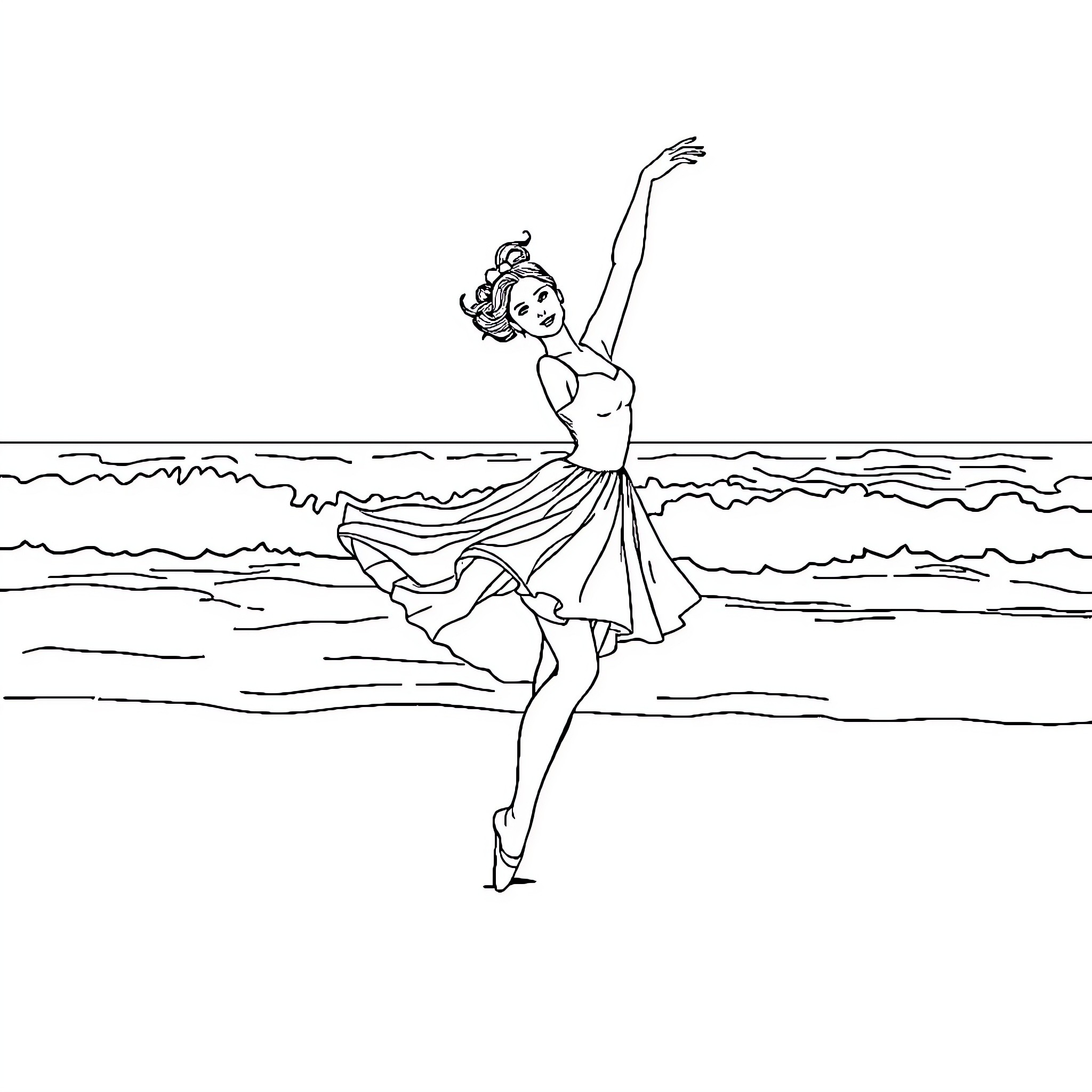 Ballerina dancing gracefully by the sea Coloring Page (free black-and-white line drawing printable PDF for all, from beginners to advanced learners, including children, teens, adults, and seniors)