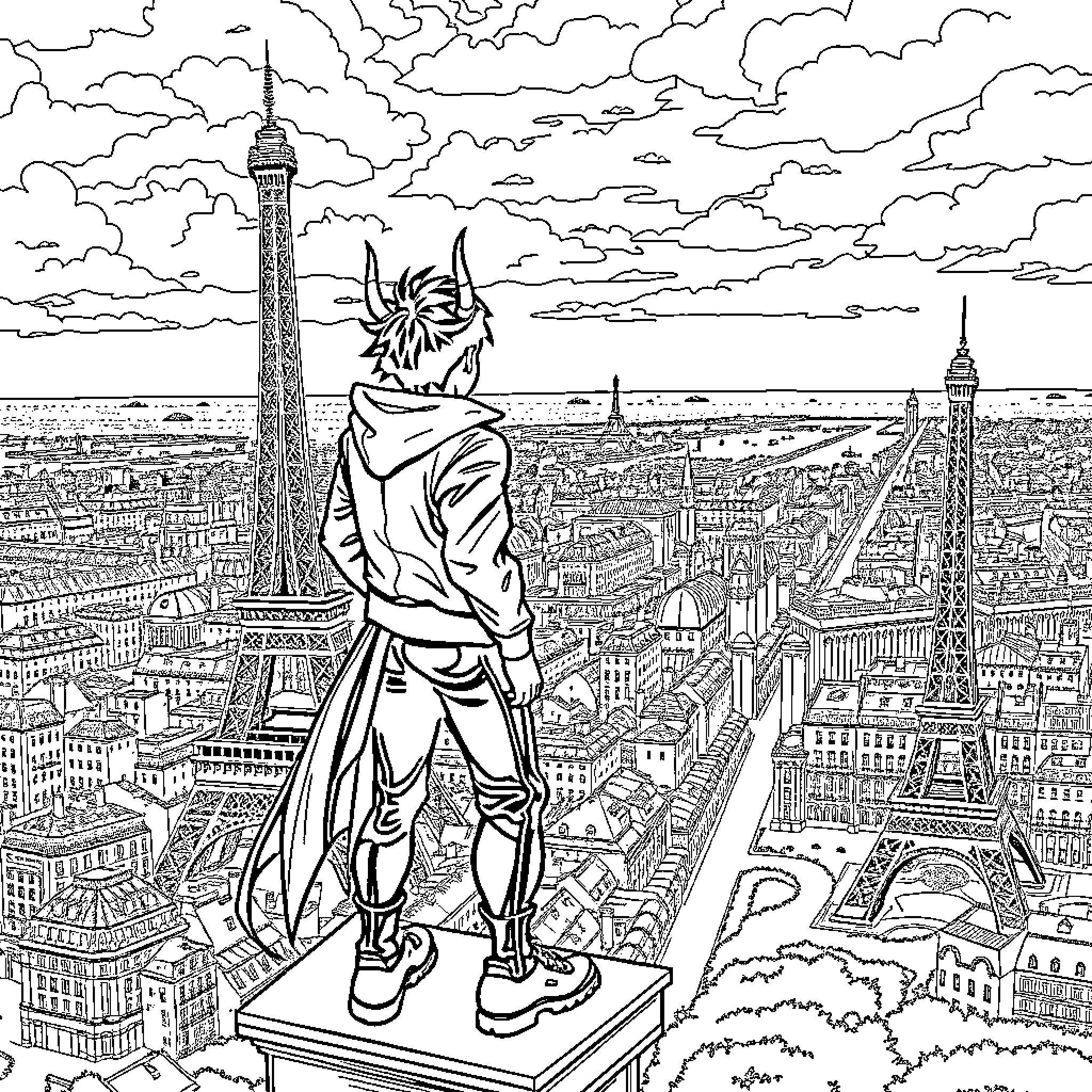Romy overlooking the city of Paris Coloring Page (free black-and-white line drawing printable PDF for all, from beginners to advanced learners, including children, teens, adults, and seniors)