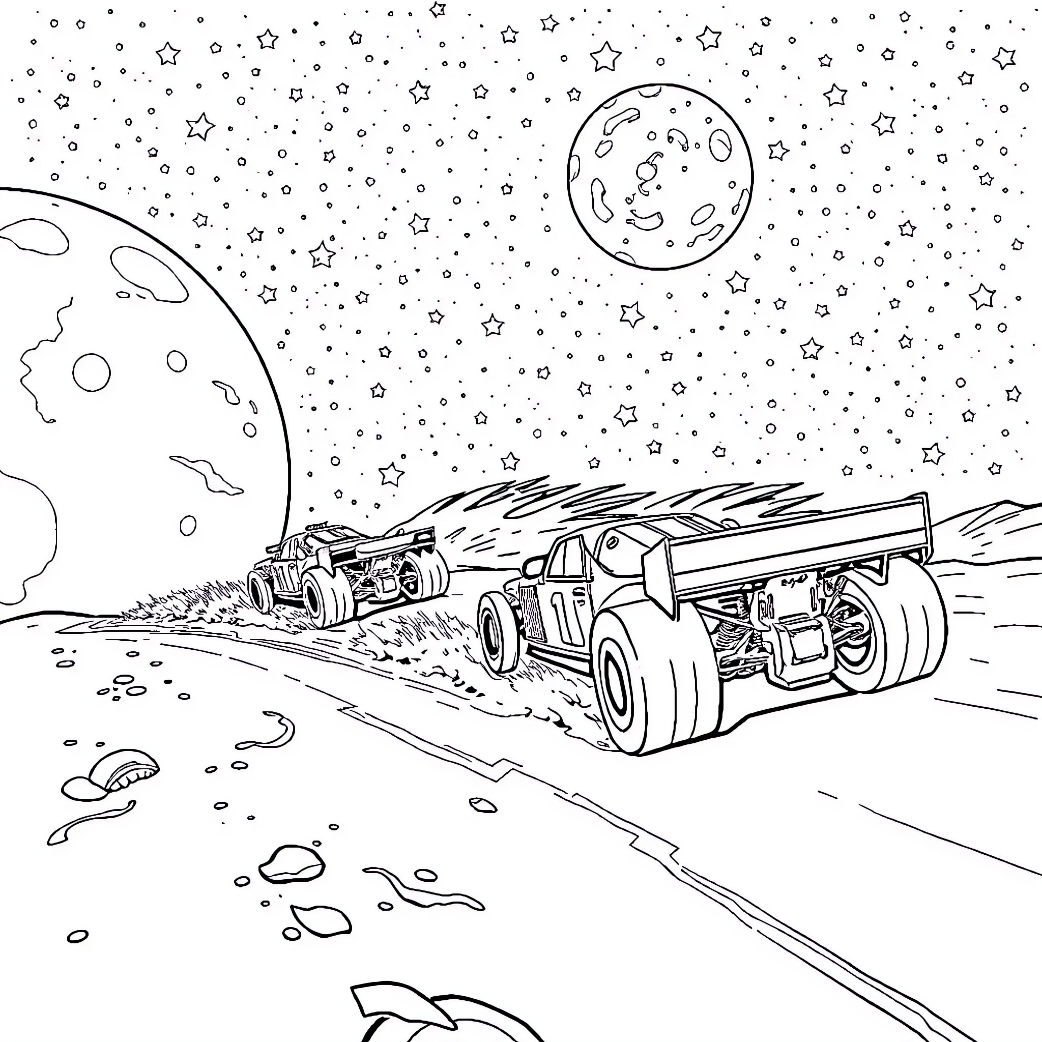Race Car Racing on Alien Planet Landscape Coloring Page (free black-and-white line drawing printable PDF for all, from beginners to advanced learners, including children, teens, adults, and seniors)
