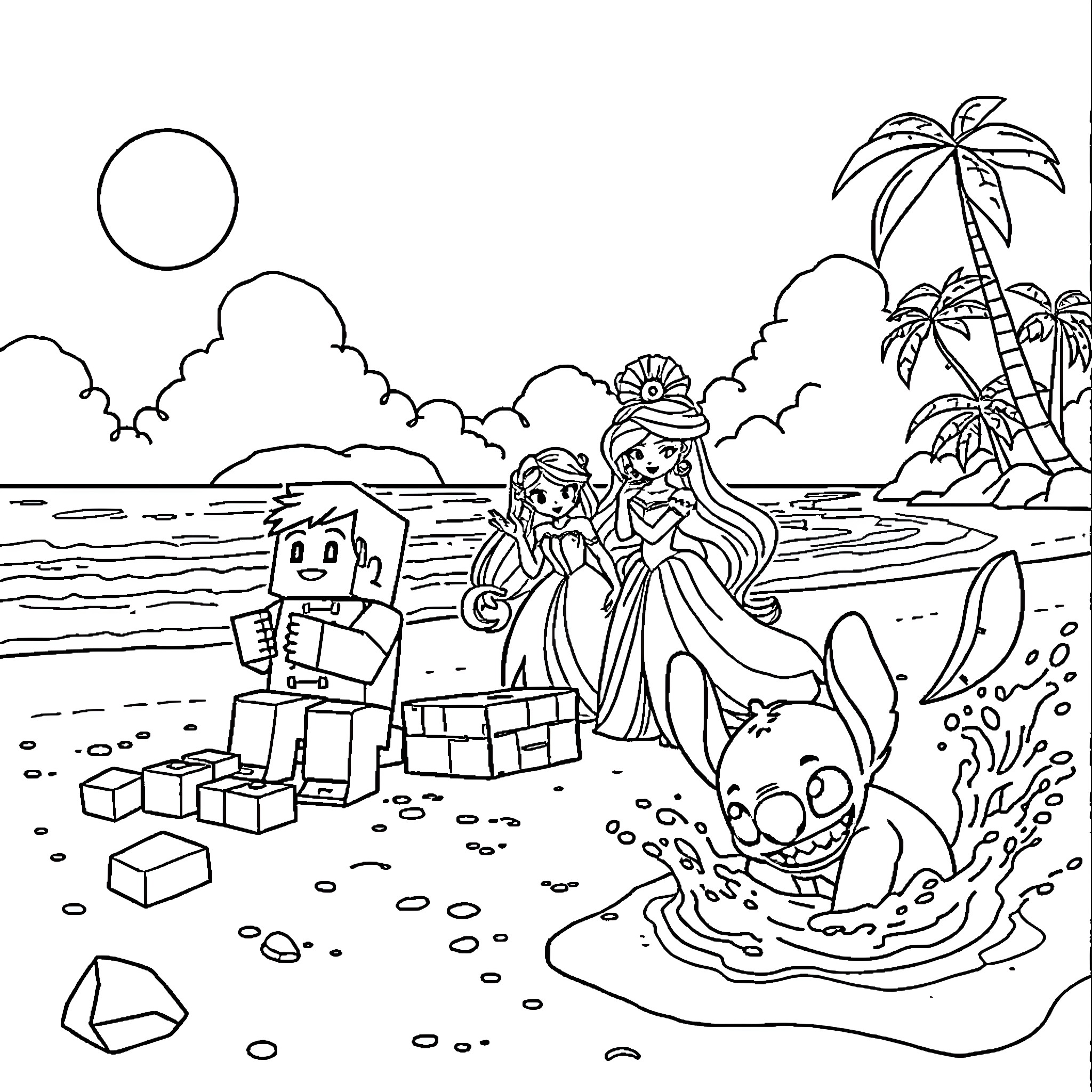 Minecraft Characters Enjoying Beach Adventure Coloring Page (free black-and-white line drawing printable PDF for all, from beginners to advanced learners, including children, teens, adults, and seniors)