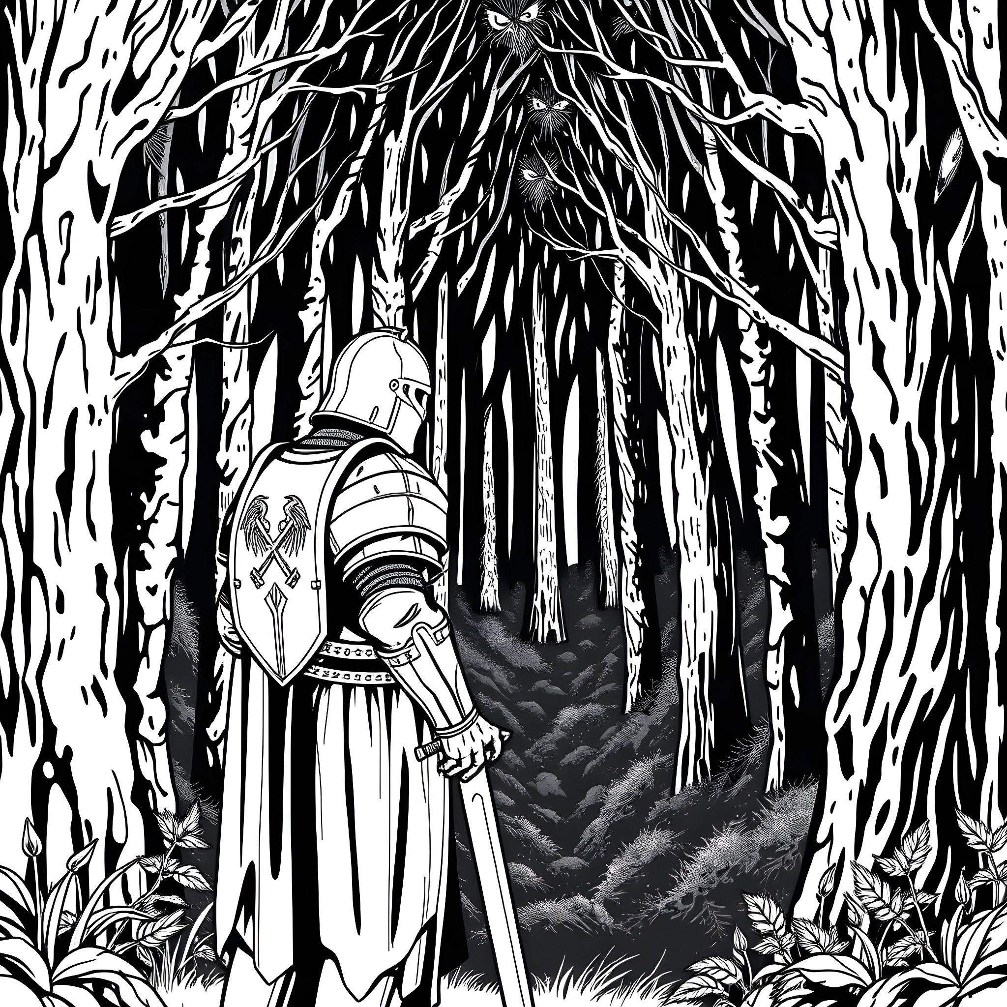Knight journeying through the mysterious forest Coloring Page (free black-and-white line drawing printable PDF for all, from beginners to advanced learners, including children, teens, adults, and seniors)