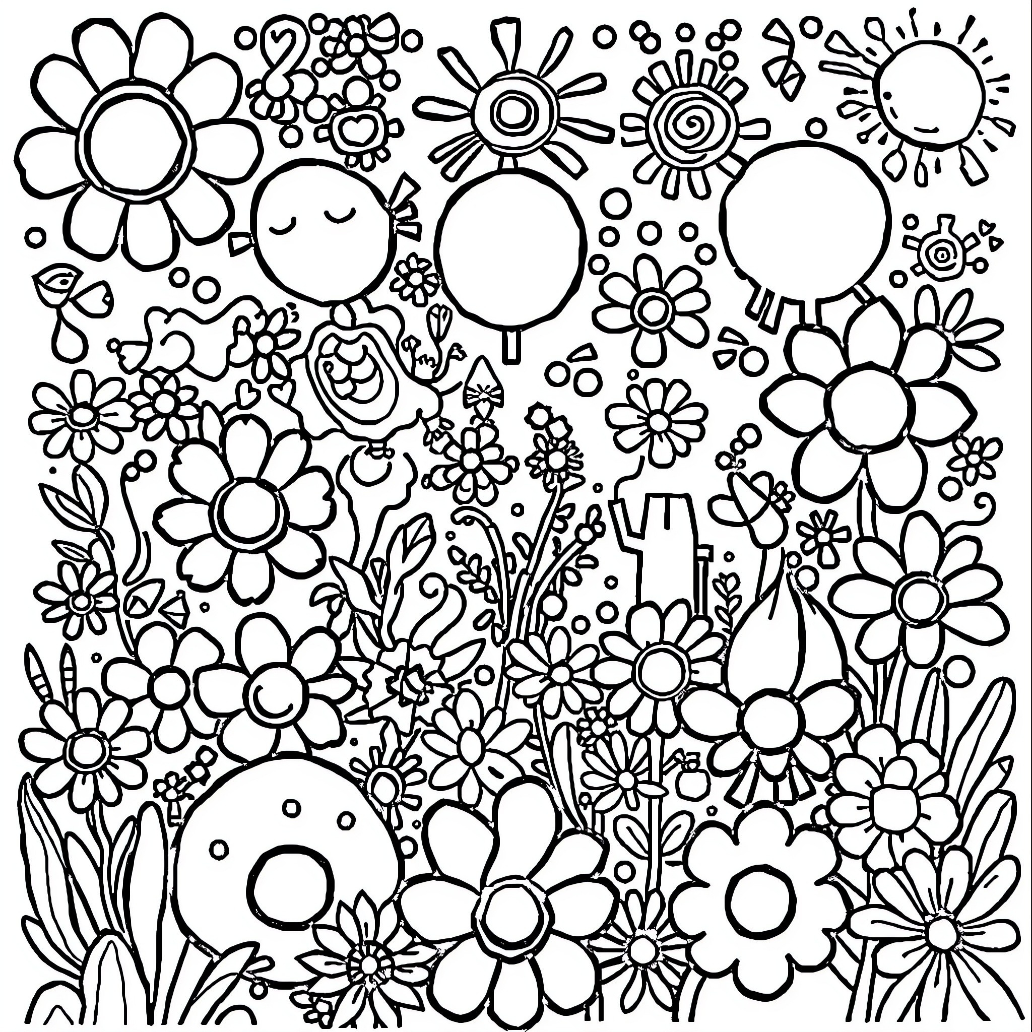 Ken Done Playful Floral Garden Coloring Page (free black-and-white line drawing printable PDF for all, from beginners to advanced learners, including children, teens, adults, and seniors)