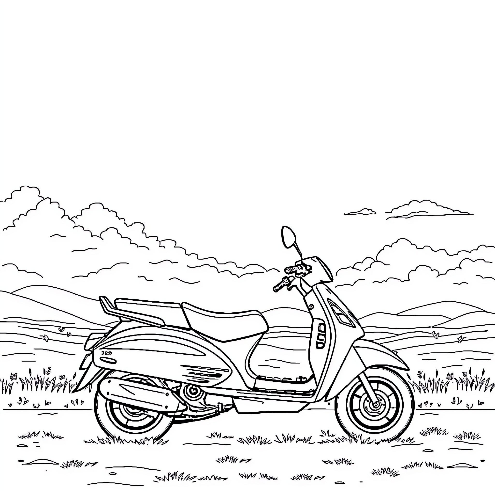 Car scooter riding through countryside landscape Coloring Page (free black-and-white line drawing printable PDF for all, from beginners to advanced learners, including children, teens, adults, and seniors)