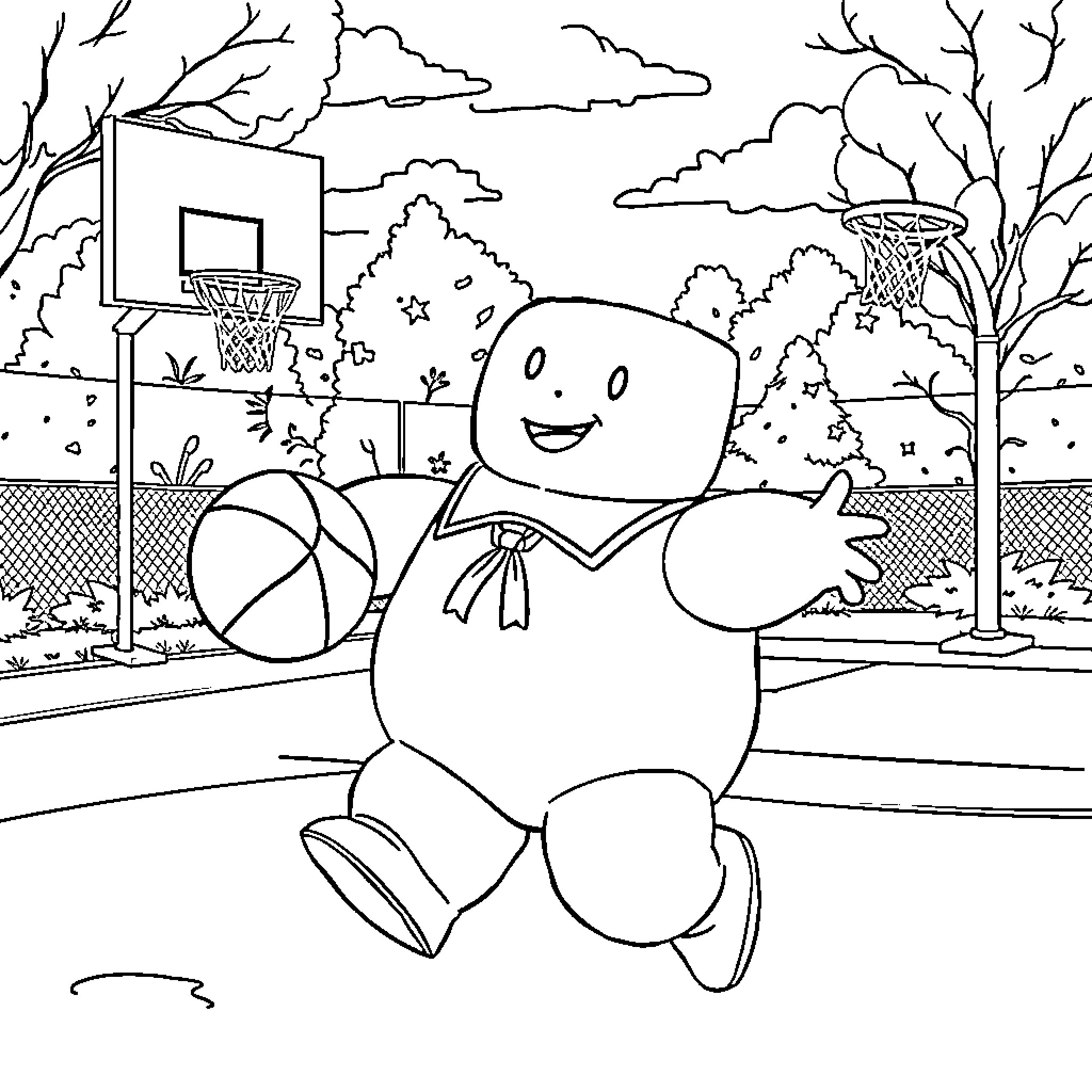 Stay Puft Marshmallow Man playing basketball Coloring Page (free black-and-white line drawing printable PDF for all, from beginners to advanced learners, including children, teens, adults, and seniors)