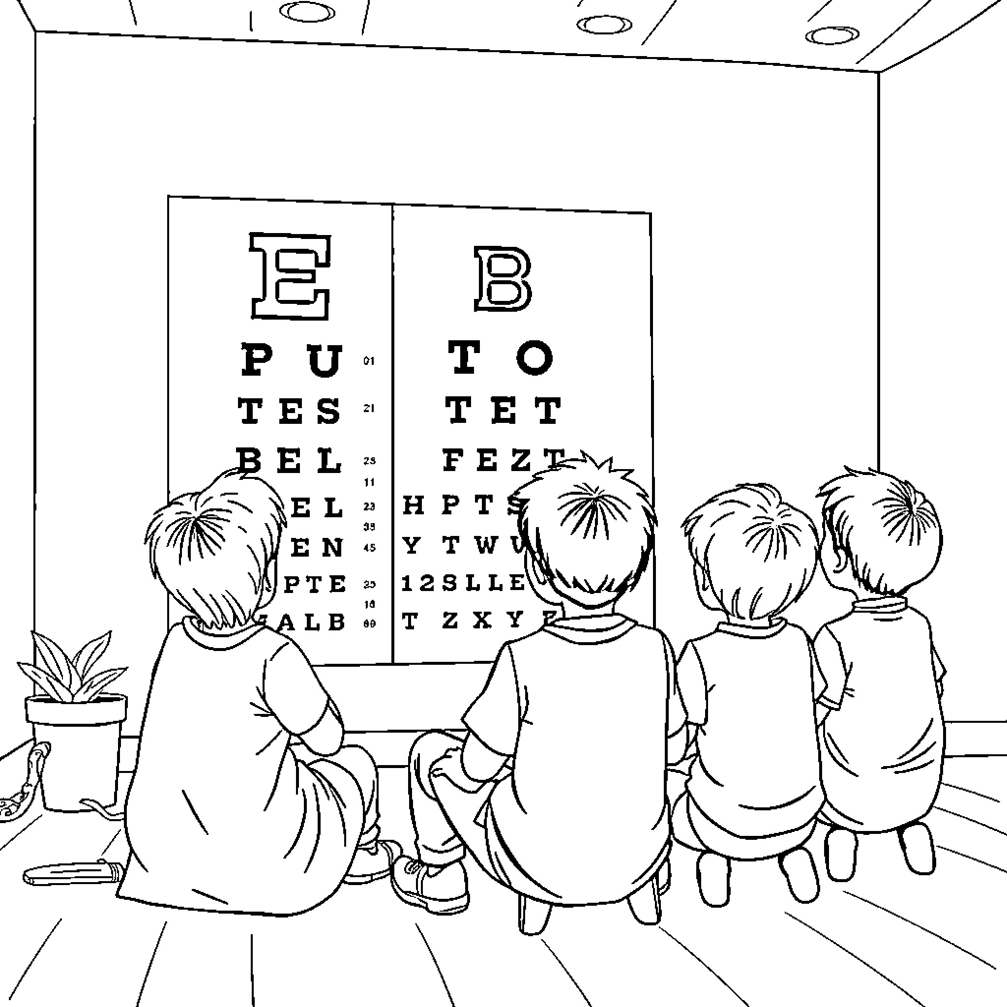 Kids taking eye exam at doctor's office Coloring Page (free black-and-white line drawing printable PDF for all, from beginners to advanced learners, including children, teens, adults, and seniors)