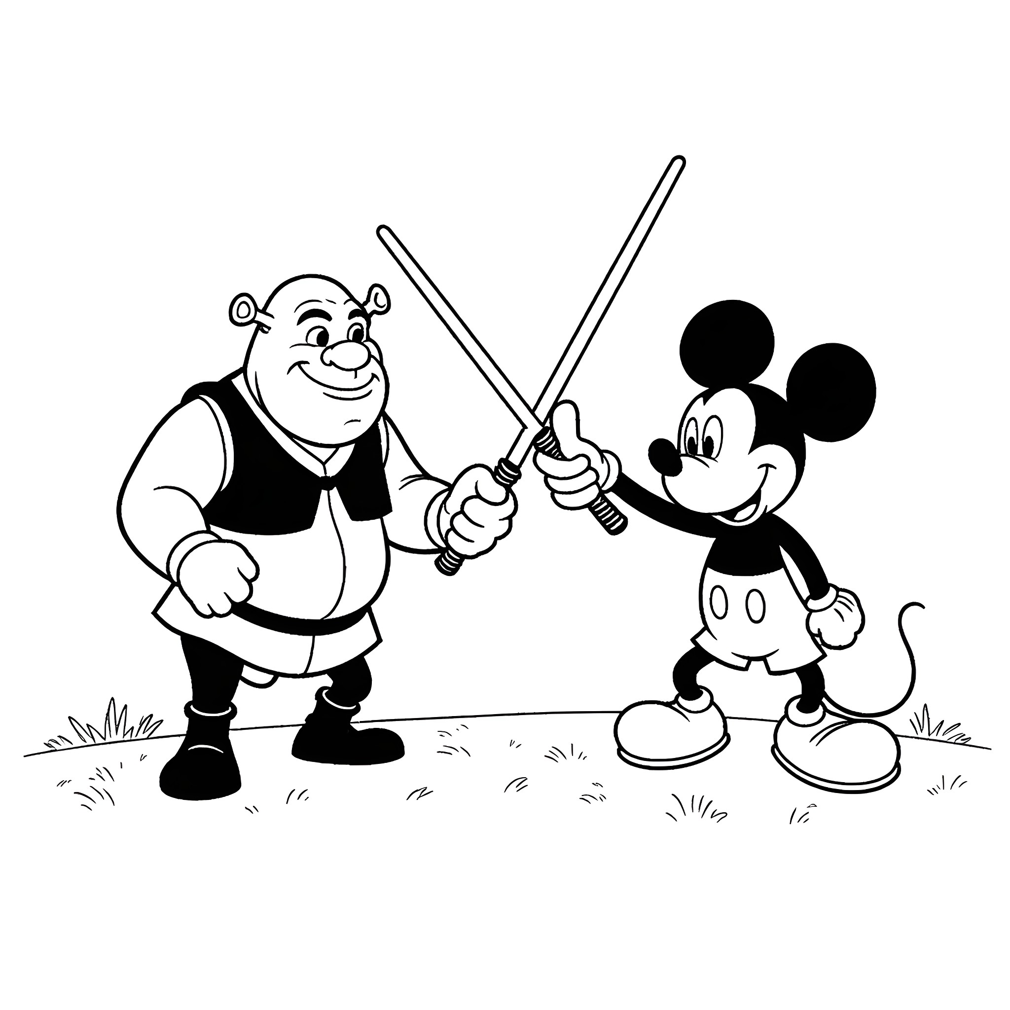 Shrek and Mickey Mouse play with swords Coloring Page (free black-and-white line drawing printable PDF for all, from beginners to advanced learners, including children, teens, adults, and seniors)