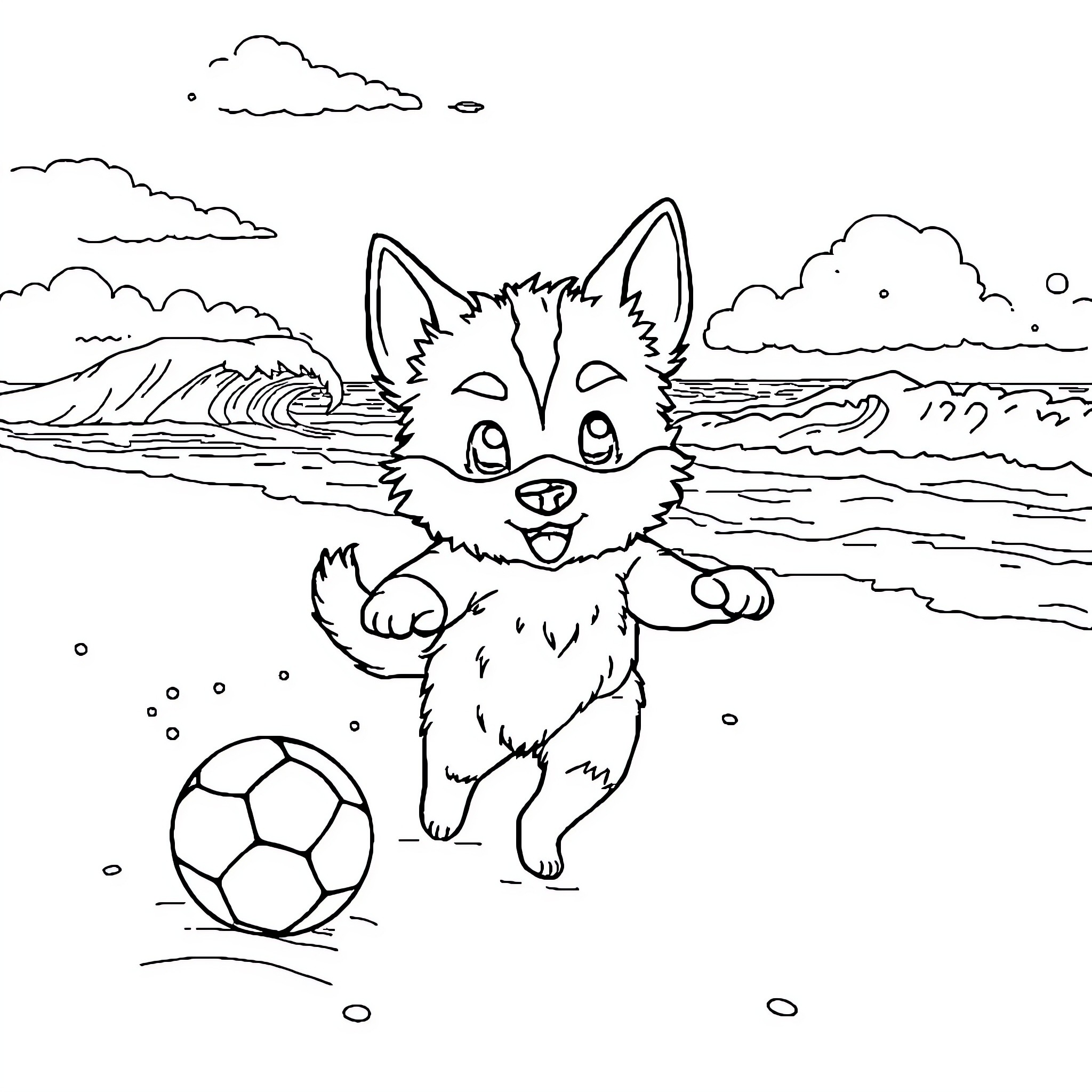 Dog playing with soccer ball on the beach Coloring Page (free black-and-white line drawing printable PDF for all, from beginners to advanced learners, including children, teens, adults, and seniors)