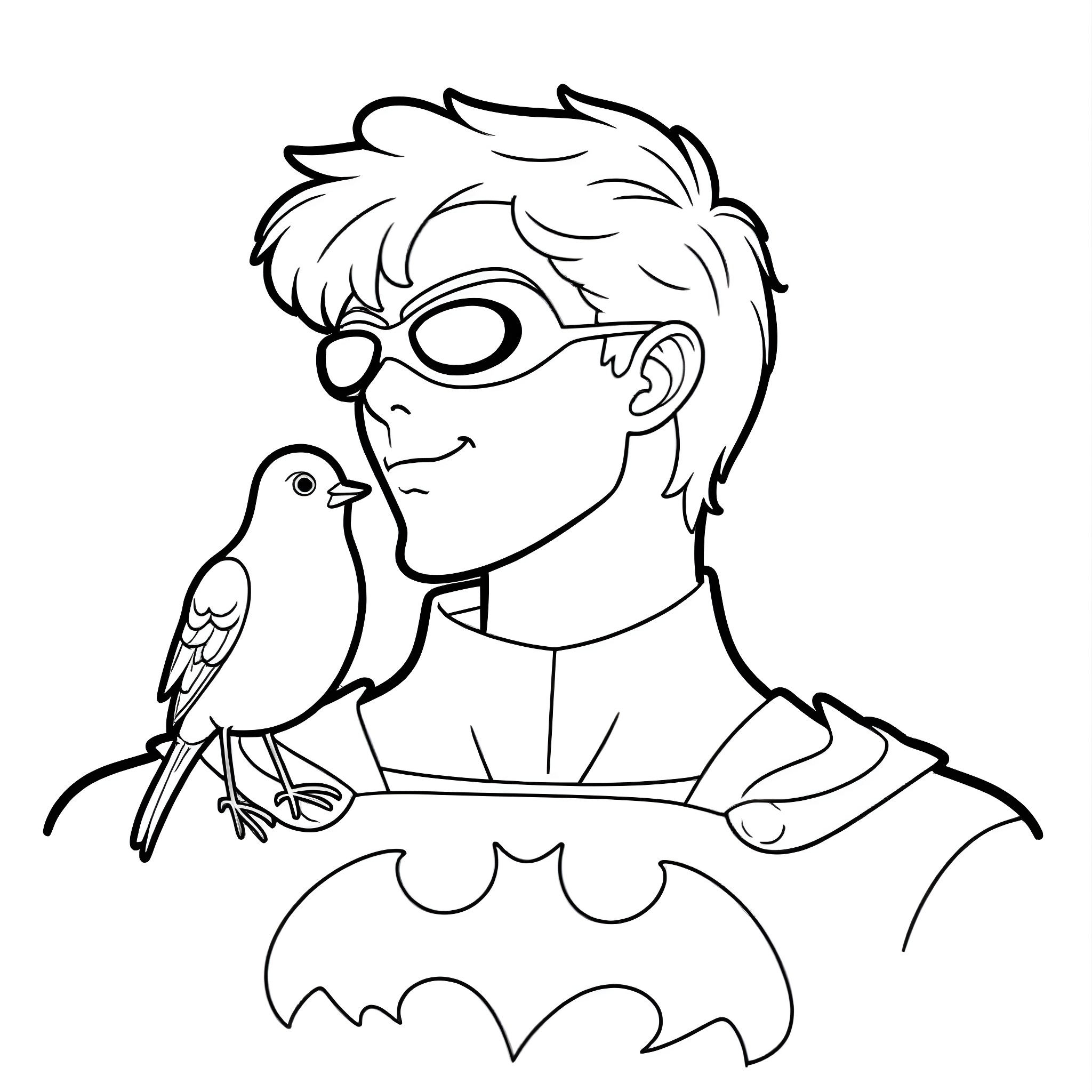 Robin interacting with a bird while wearing a superhero costume Coloring Page (free black-and-white line drawing printable PDF for all, from beginners to advanced learners, including children, teens, adults, and seniors)