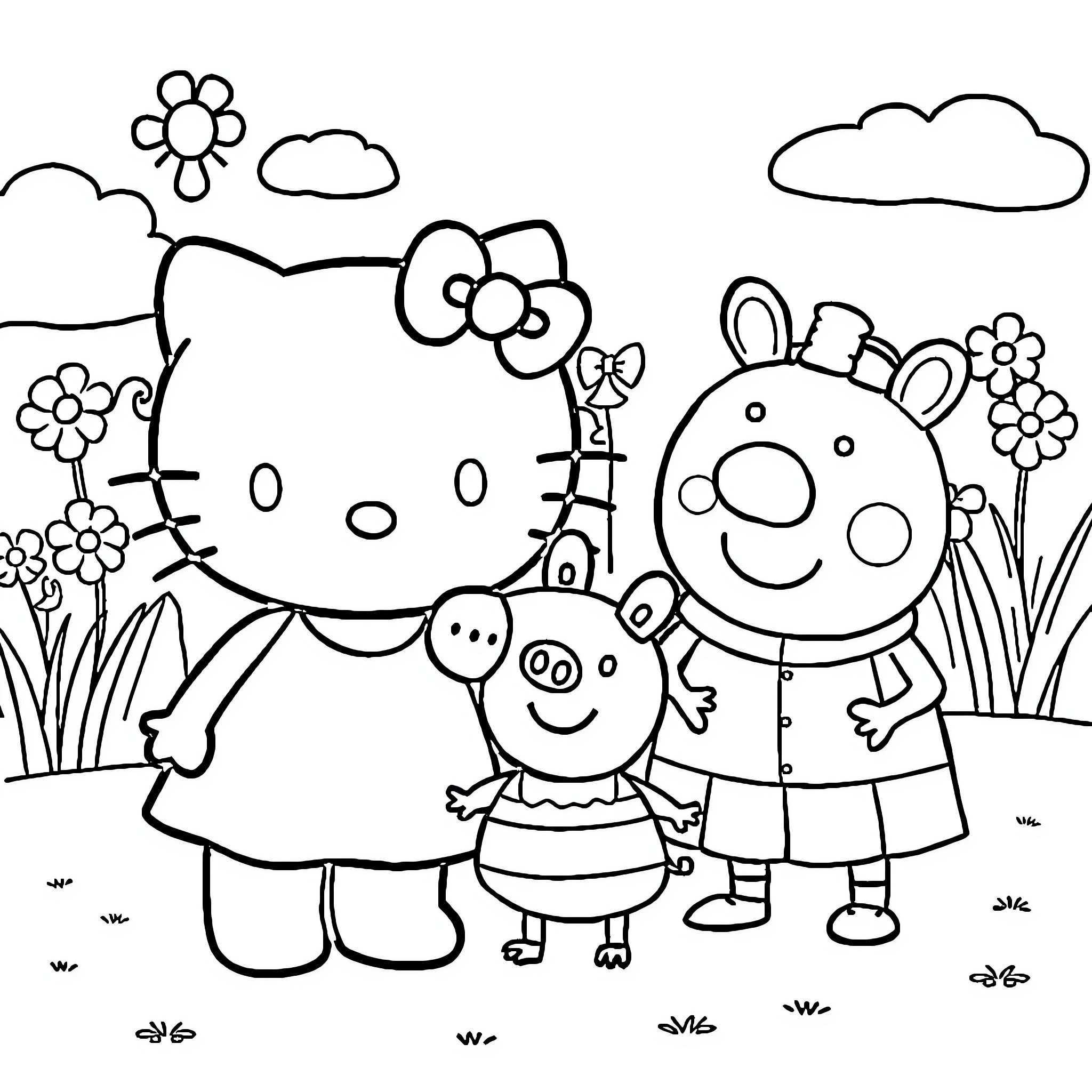 Hello Kitty and friends enjoying an outdoor adventure Coloring Page (free black-and-white line drawing printable PDF for all, from beginners to advanced learners, including children, teens, adults, and seniors)