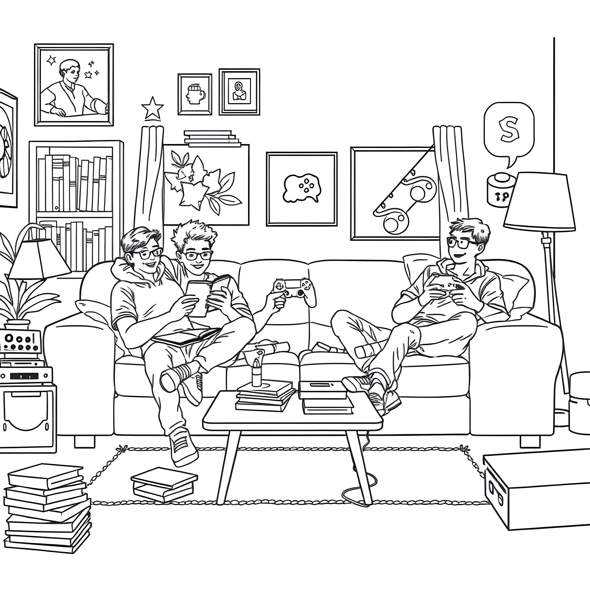 Guy friends playing video games on the couch Coloring Page (free black-and-white line drawing printable PDF for all, from beginners to advanced learners, including children, teens, adults, and seniors)