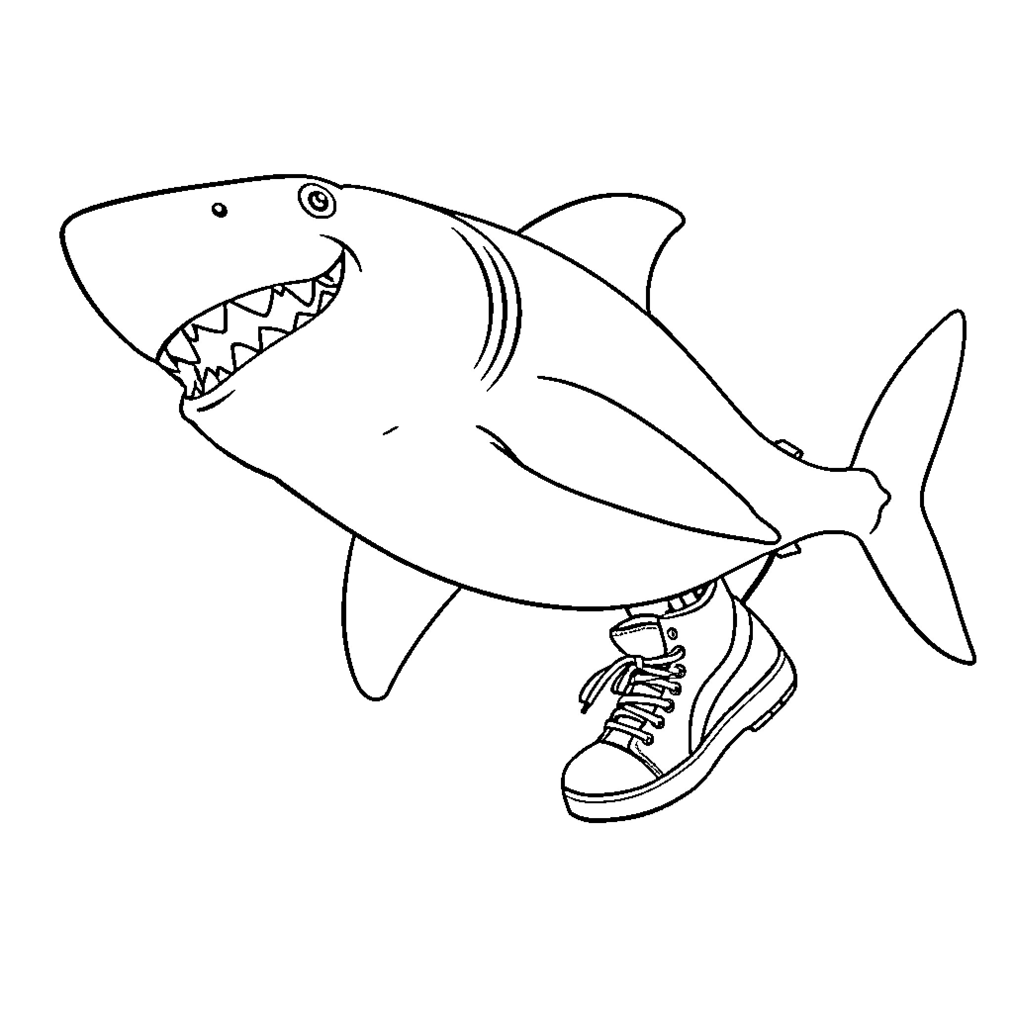 Shark wearing sneakers and walking Coloring Page (free black-and-white line drawing printable PDF for all, from beginners to advanced learners, including children, teens, adults, and seniors)