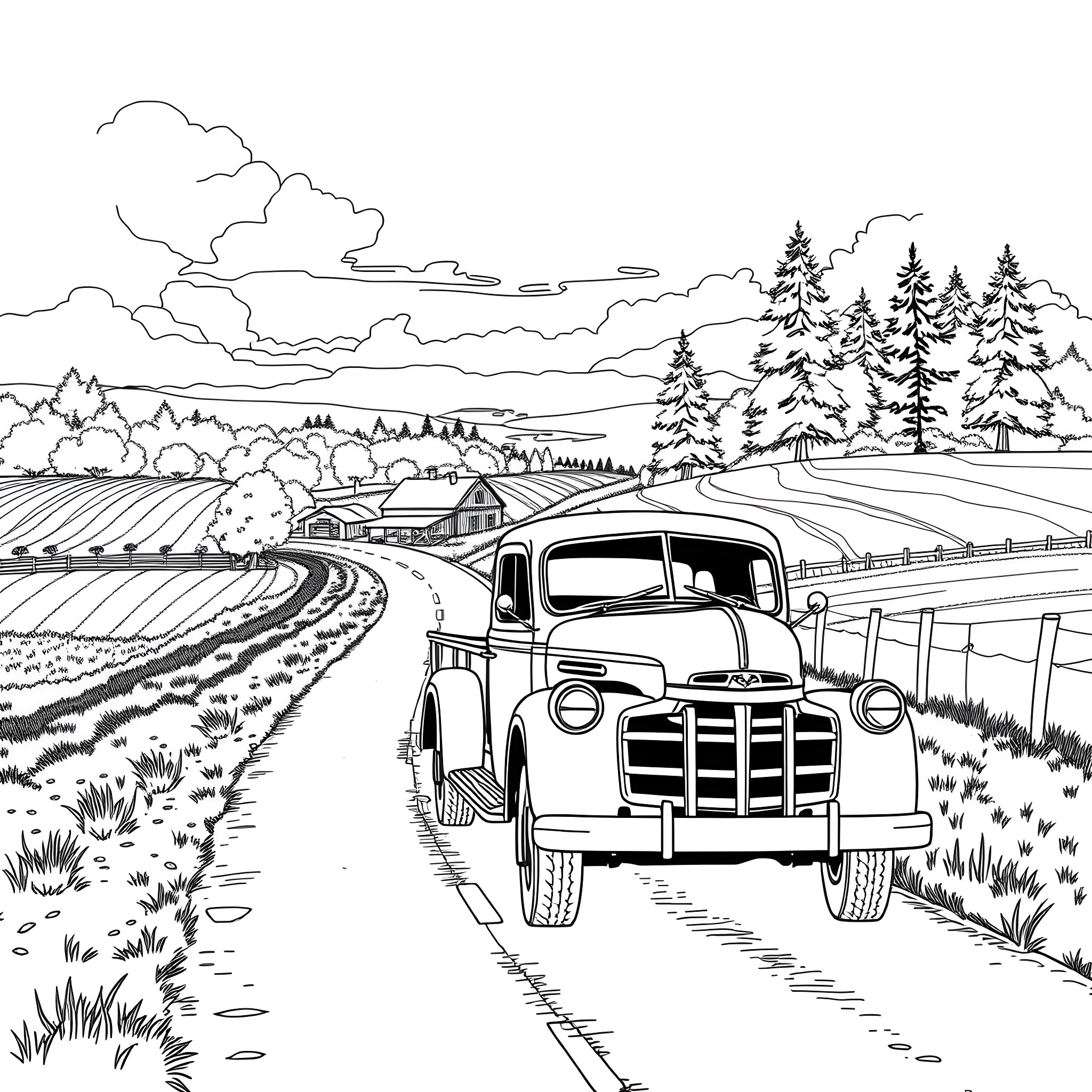 Truck driving through countryside landscape Coloring Page (free black-and-white line drawing printable PDF for all, from beginners to advanced learners, including children, teens, adults, and seniors)