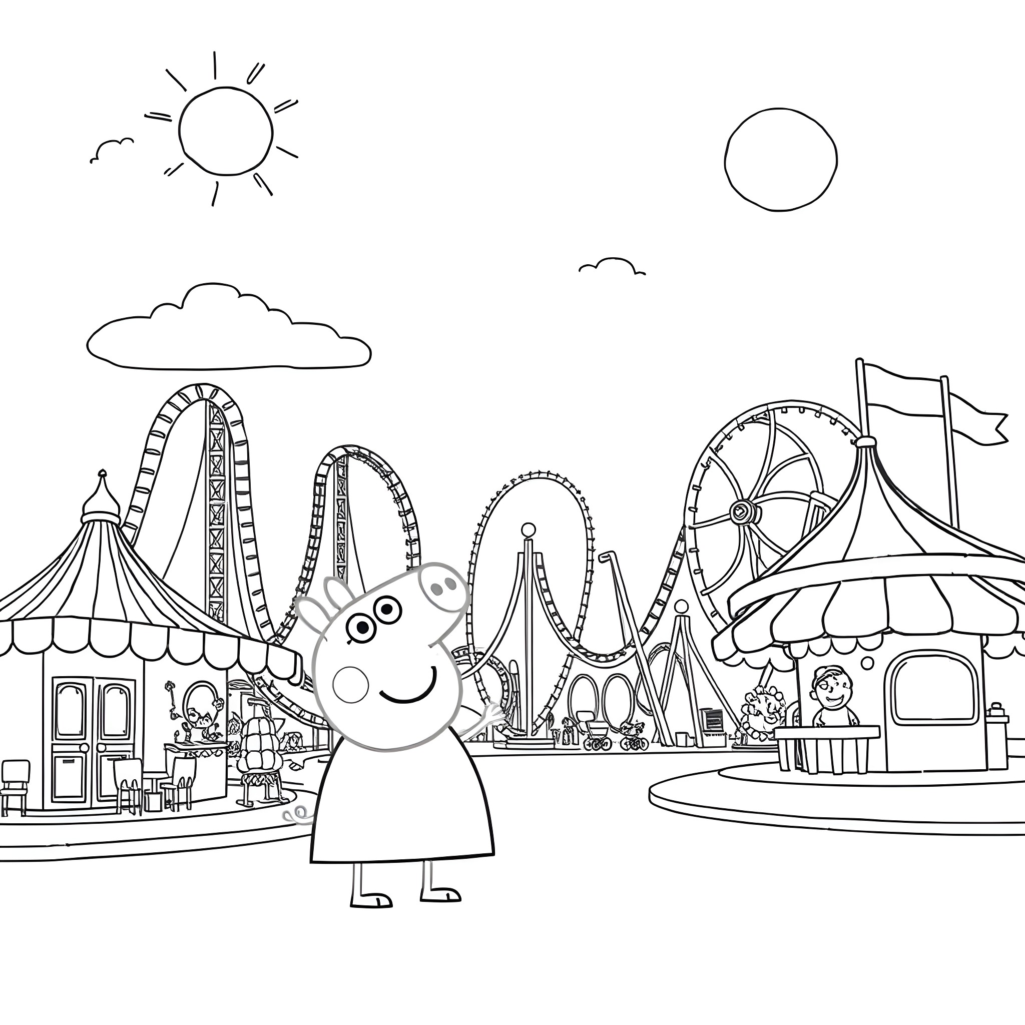 Peppa Pig enjoying the amusement park rides Coloring Page (free black-and-white line drawing printable PDF for all, from beginners to advanced learners, including children, teens, adults, and seniors)