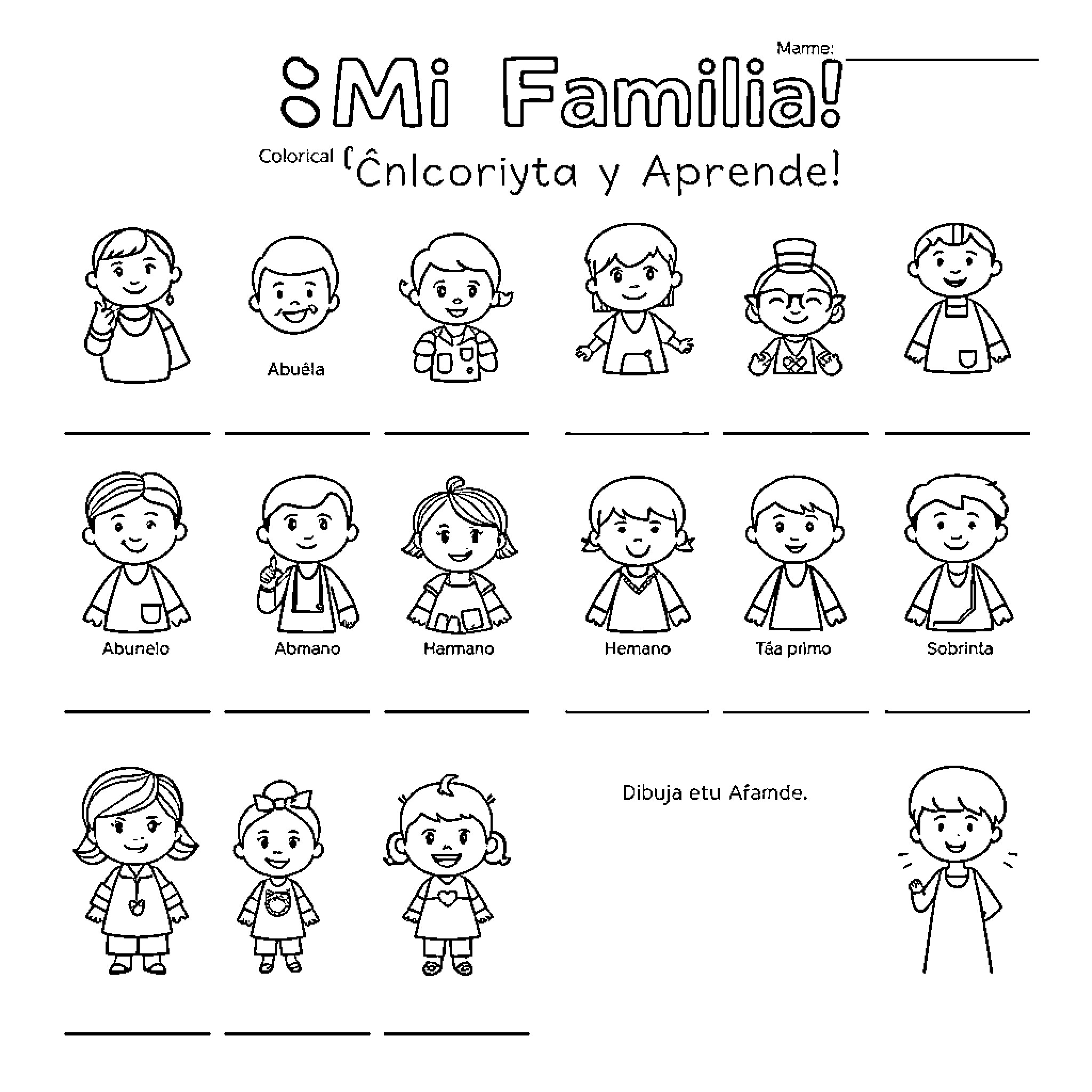 Family Coloring Activity with Diverse Members Coloring Page (free black-and-white line drawing printable PDF for all, from beginners to advanced learners, including children, teens, adults, and seniors)