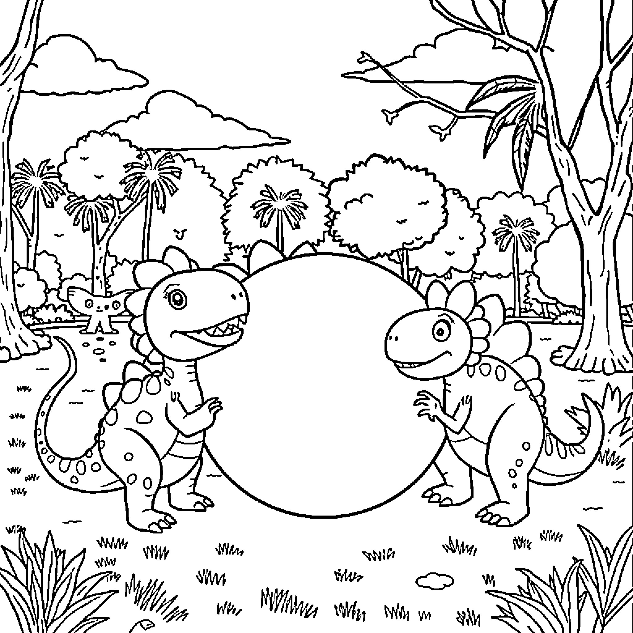 Dinosaurs exploring lush prehistoric landscape Coloring Page (free black-and-white line drawing printable PDF for all, from beginners to advanced learners, including children, teens, adults, and seniors)