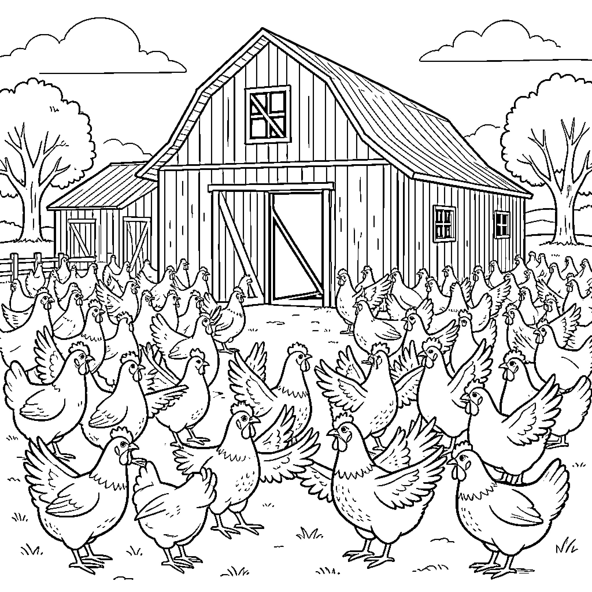Chicken Farm with Flock of Chickens Coloring Page (free black-and-white line drawing printable PDF for all, from beginners to advanced learners, including children, teens, adults, and seniors)