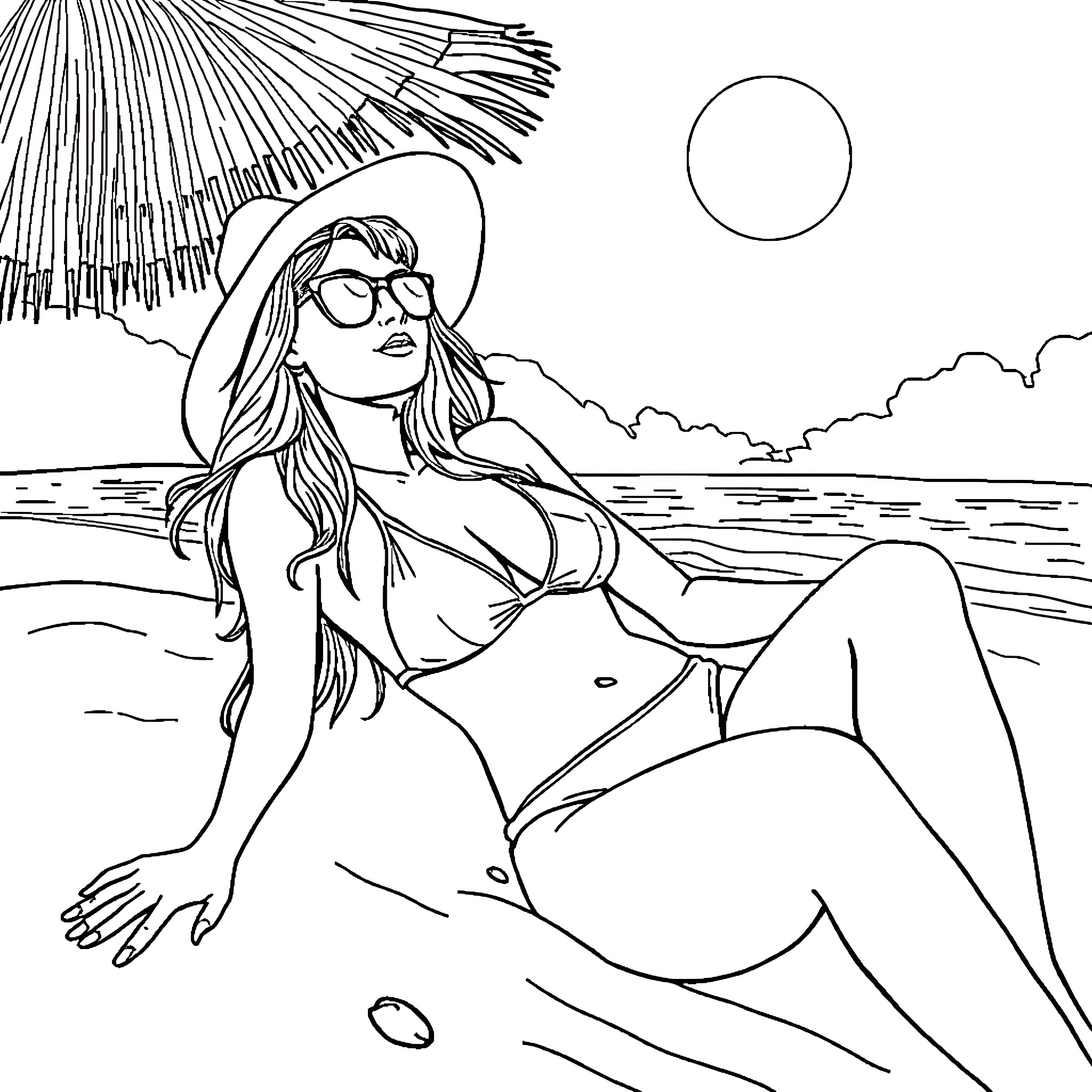 Vanessa enjoying a sunny day at the beach Coloring Page (free black-and-white line drawing printable PDF for all, from beginners to advanced learners, including children, teens, adults, and seniors)