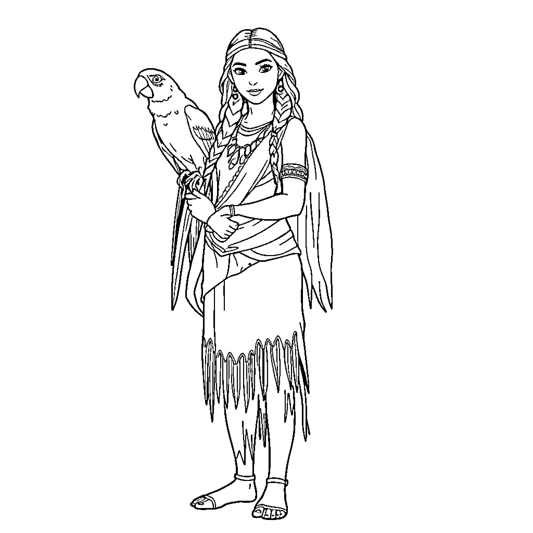 Pocahontas standing with a parrot on her arm Coloring Page (free black-and-white line drawing printable PDF for all, from beginners to advanced learners, including children, teens, adults, and seniors)