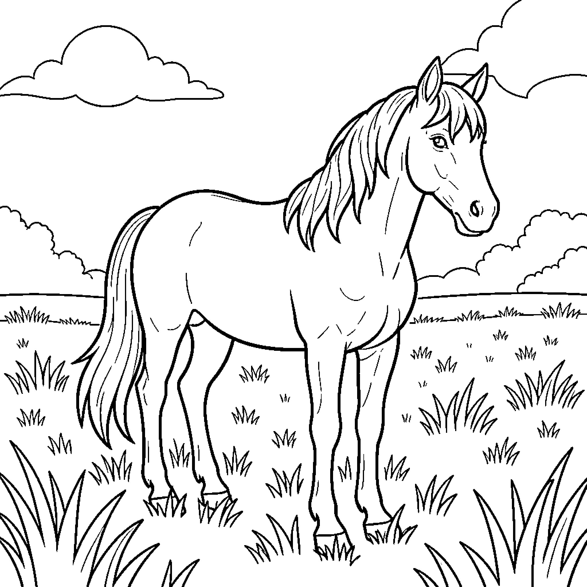 Horse standing calmly in a grassy field Coloring Page (free black-and-white line drawing printable PDF for all, from beginners to advanced learners, including children, teens, adults, and seniors)