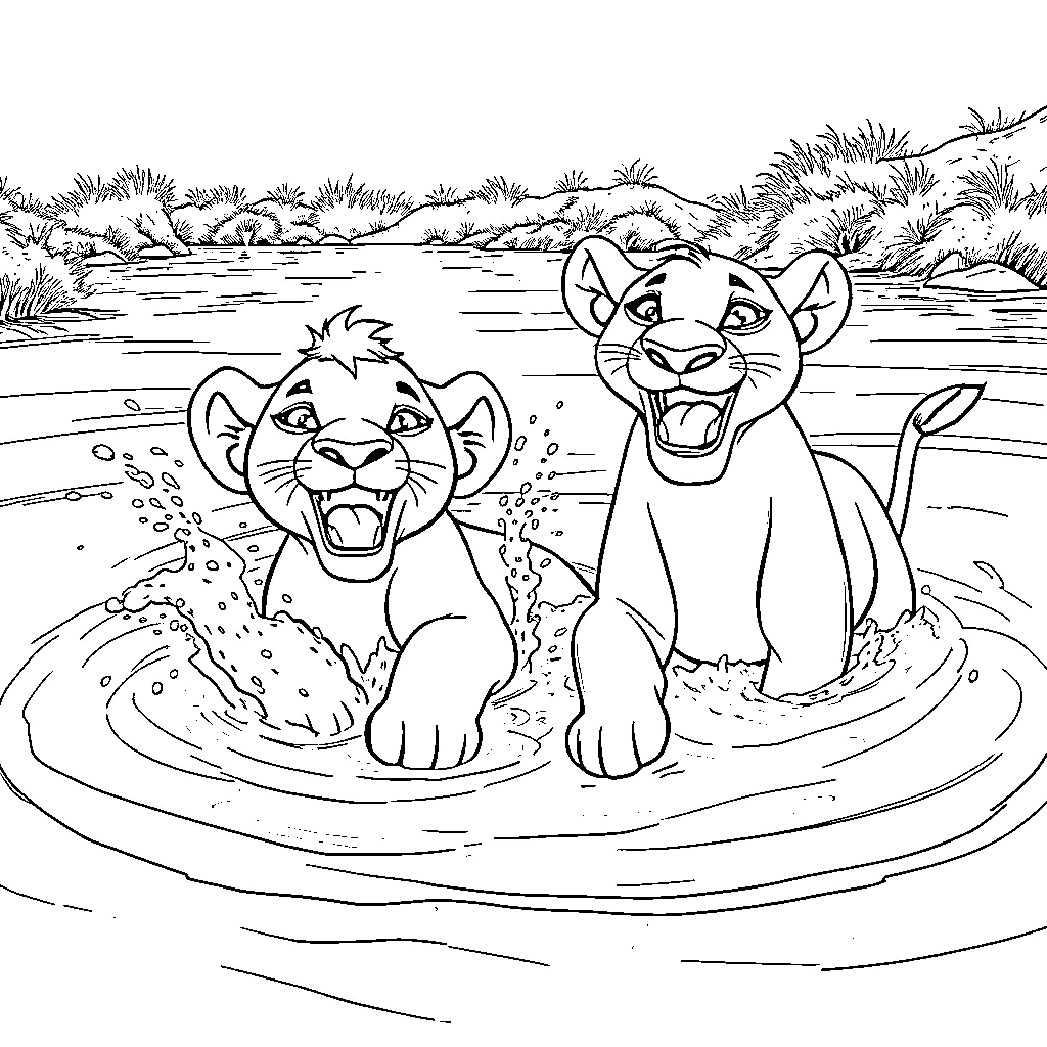 Simba and friends playing in the watering hole Coloring Page (free black-and-white line drawing printable PDF for all, from beginners to advanced learners, including children, teens, adults, and seniors)