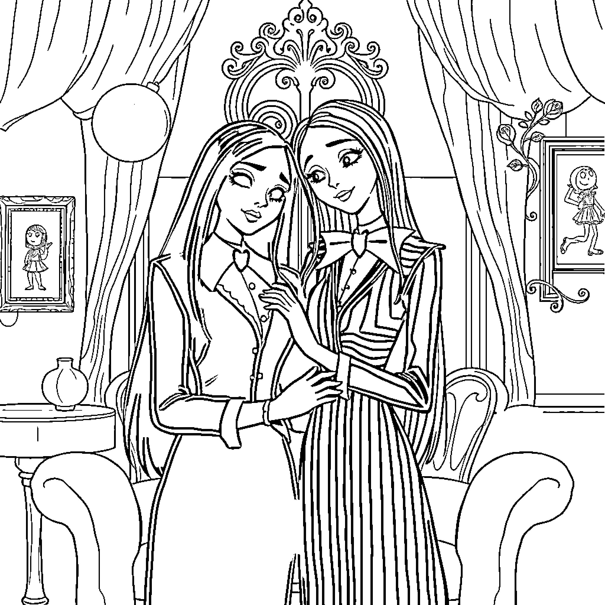 Mercredi: Elegant Ladies Embrace in Regal Setting Coloring Page (free black-and-white line drawing printable PDF for all, from beginners to advanced learners, including children, teens, adults, and seniors)