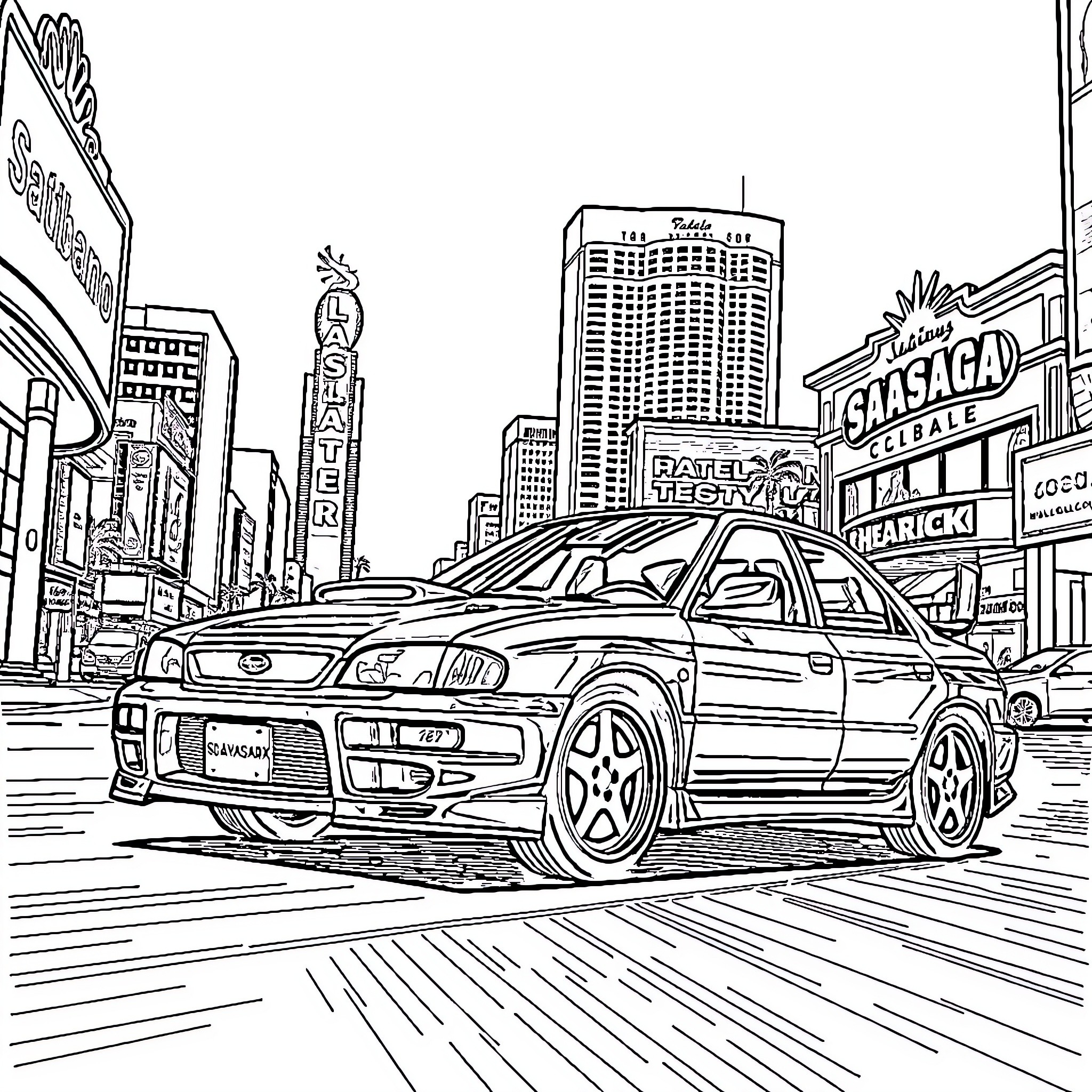 Subaru WRX speeding through city streets Coloring Page (free black-and-white line drawing printable PDF for all, from beginners to advanced learners, including children, teens, adults, and seniors)