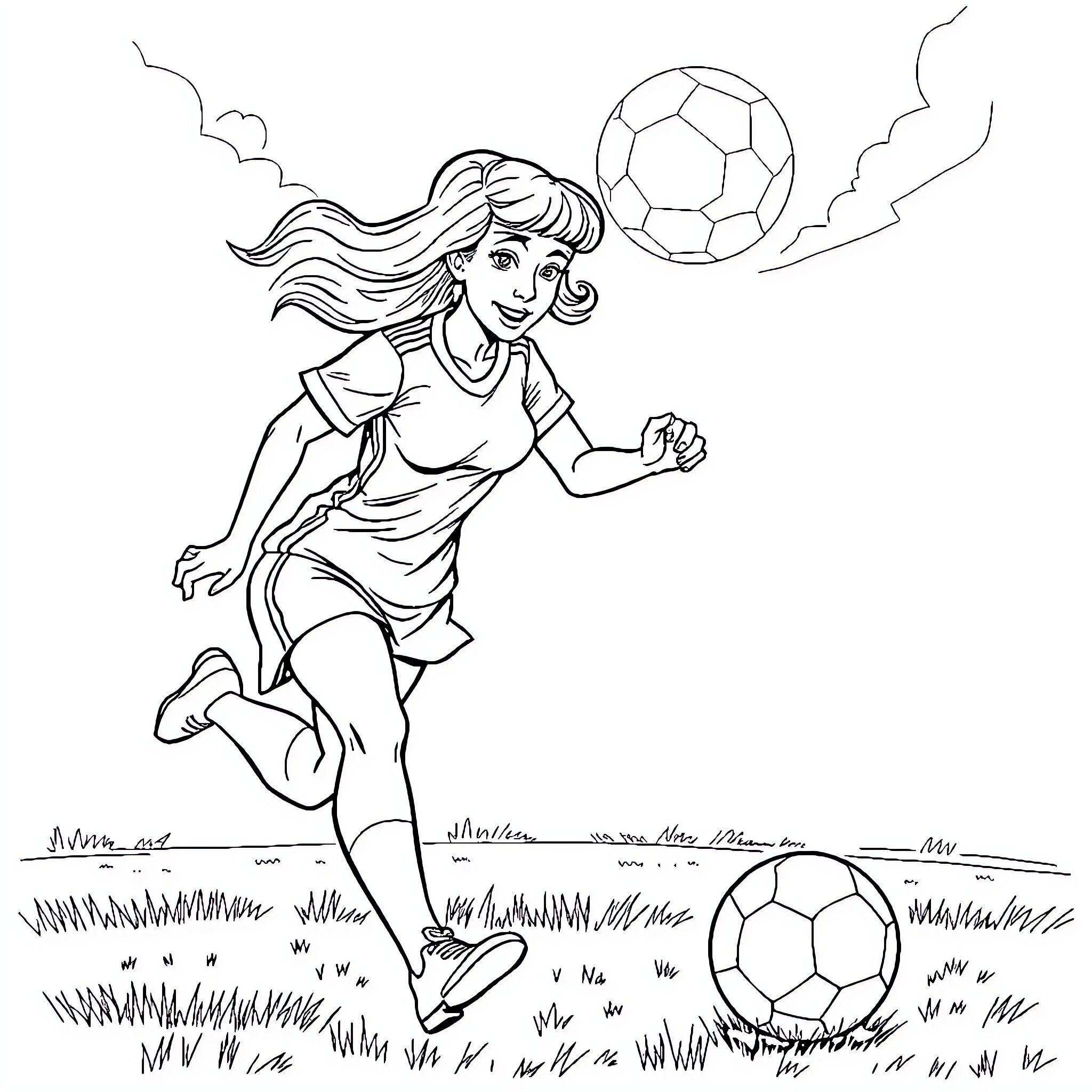 Lisa Ann Playing Soccer on the Field Coloring Page (free black-and-white line drawing printable PDF for all, from beginners to advanced learners, including children, teens, adults, and seniors)