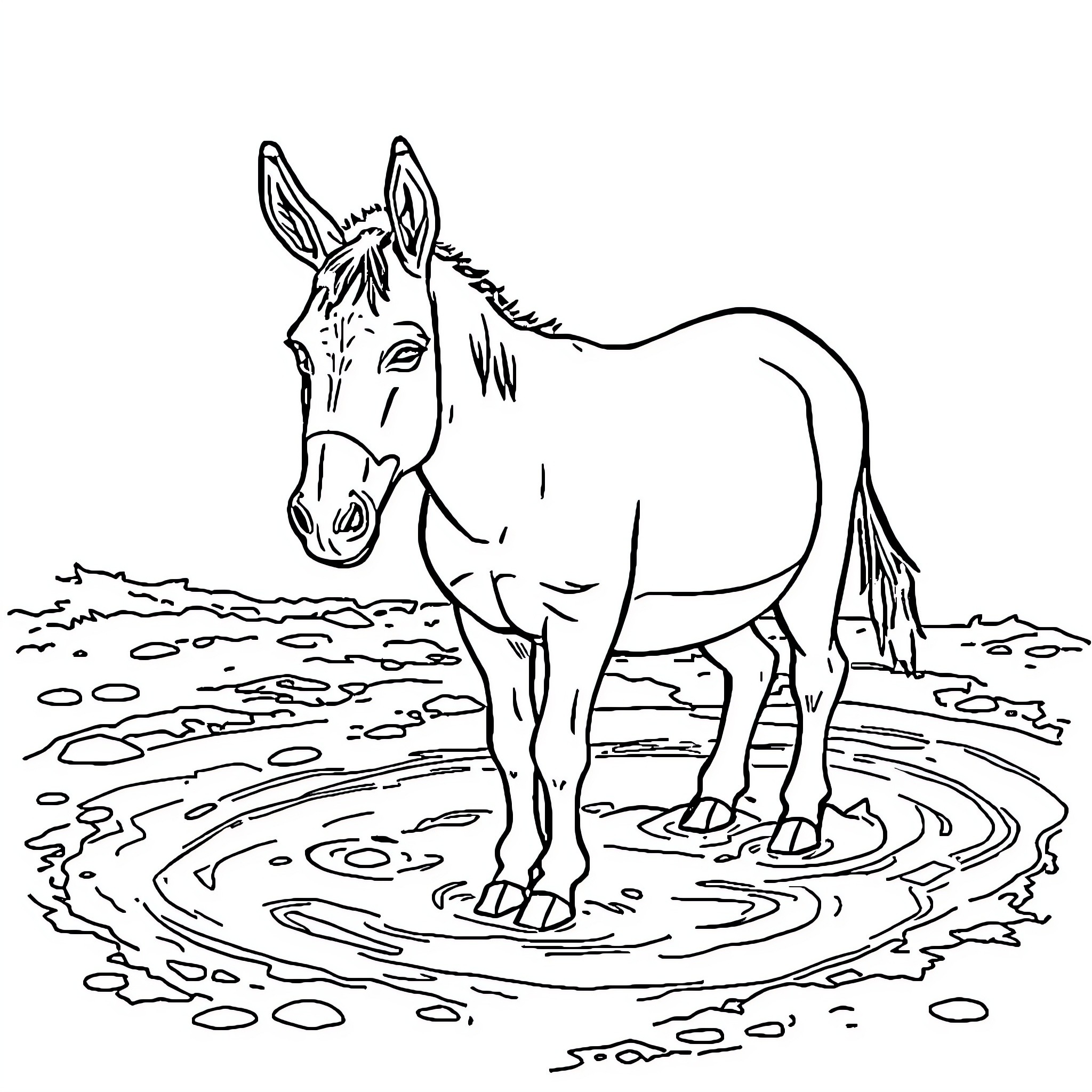 Donkey standing in a muddy puddle Coloring Page (free black-and-white line drawing printable PDF for all, from beginners to advanced learners, including children, teens, adults, and seniors)