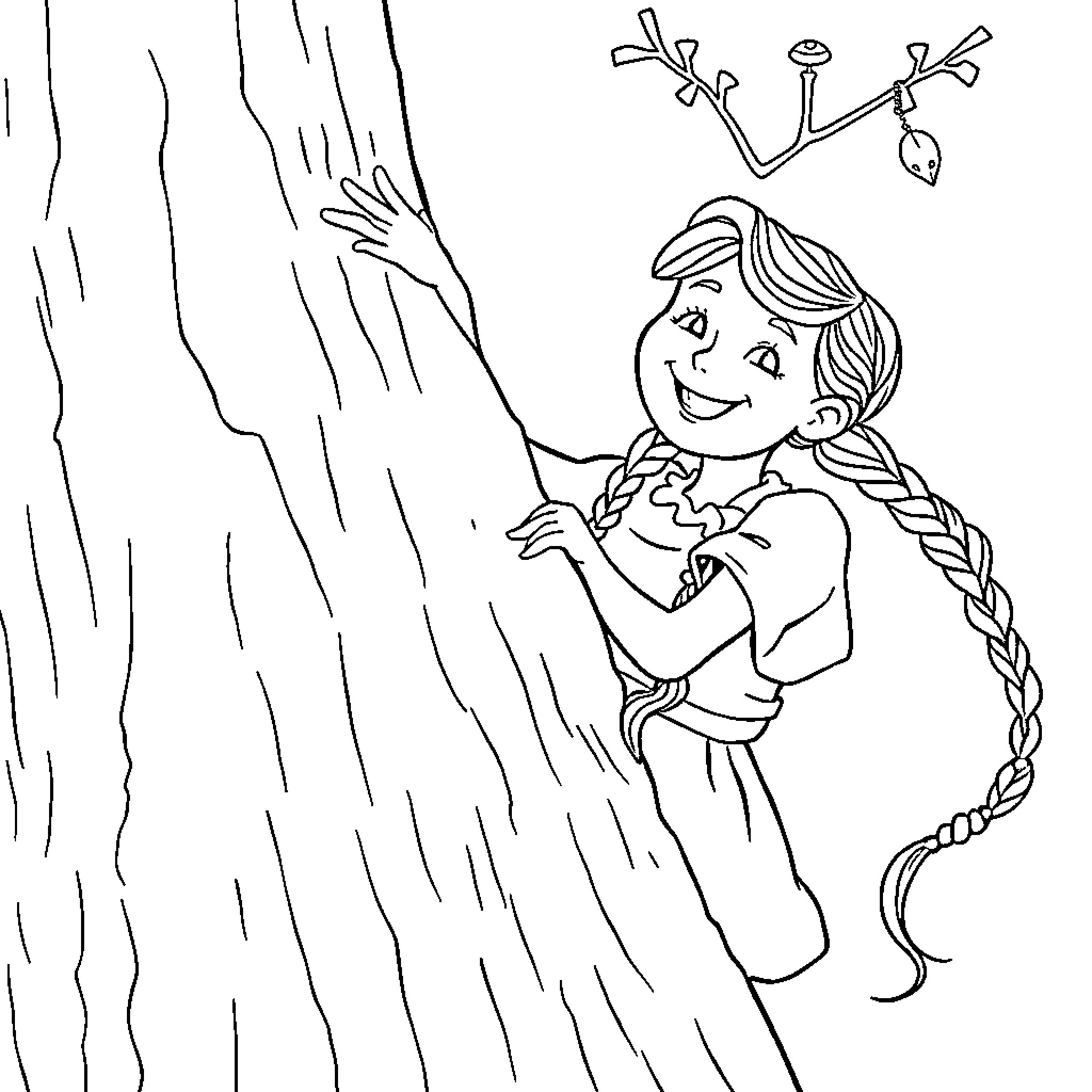 Pippi Longstocking climbing up a tree Coloring Page (free black-and-white line drawing printable PDF for all, from beginners to advanced learners, including children, teens, adults, and seniors)