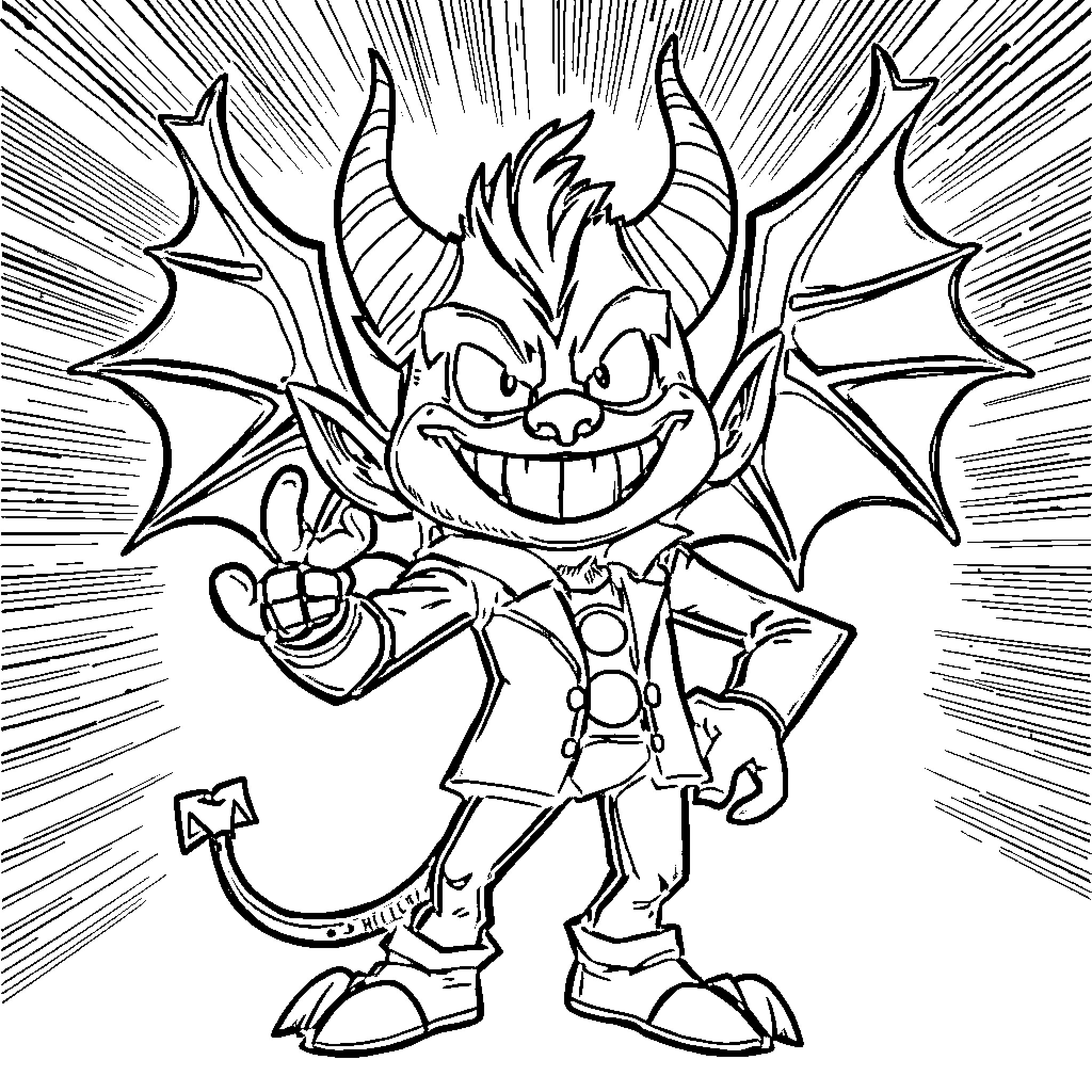 Blitzo's Mischievous Grin and Demonic Attire Coloring Page (free black-and-white line drawing printable PDF for all, from beginners to advanced learners, including children, teens, adults, and seniors)