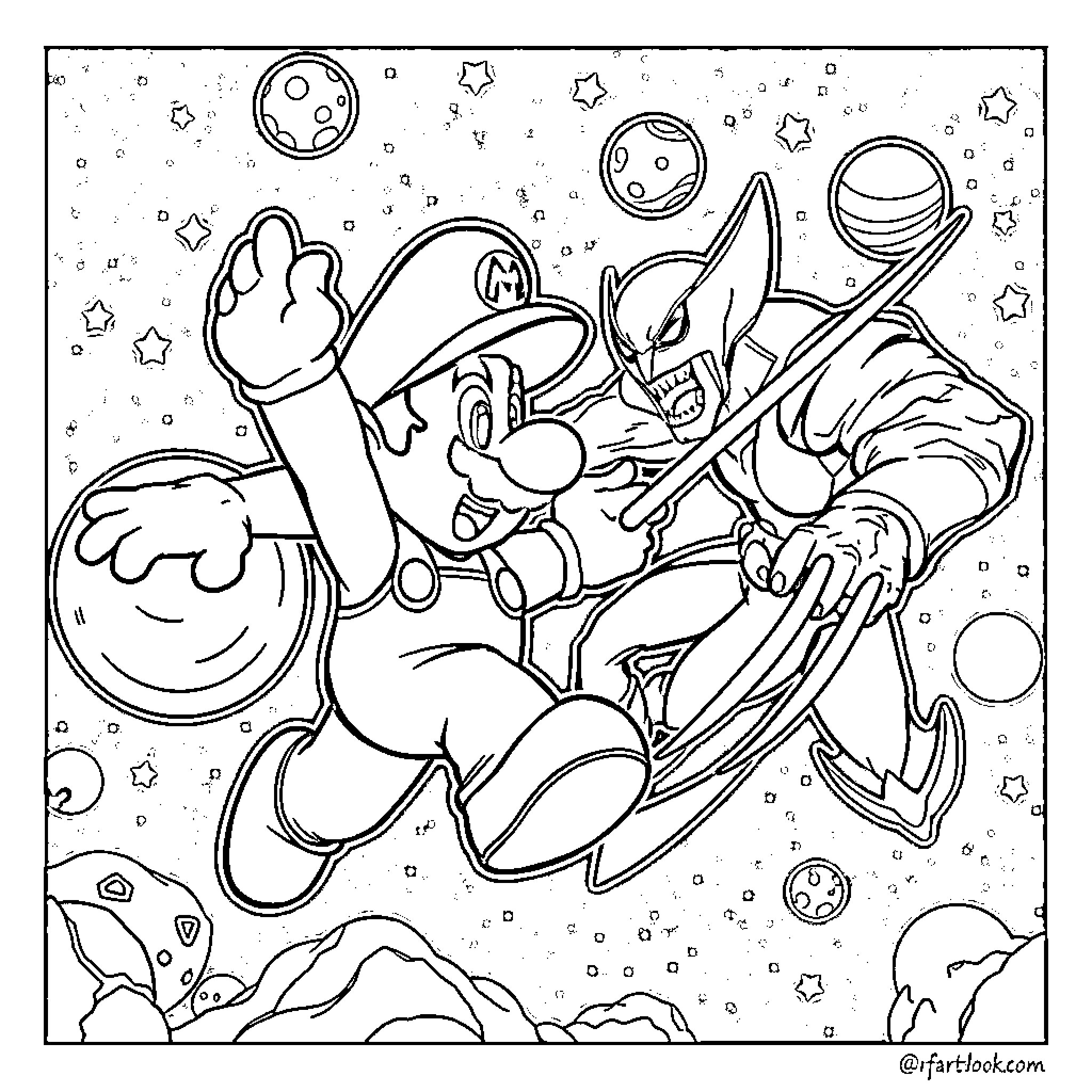 Mario Bouncing Through Cosmic Galaxies Coloring Page (free black-and-white line drawing printable PDF for all, from beginners to advanced learners, including children, teens, adults, and seniors)