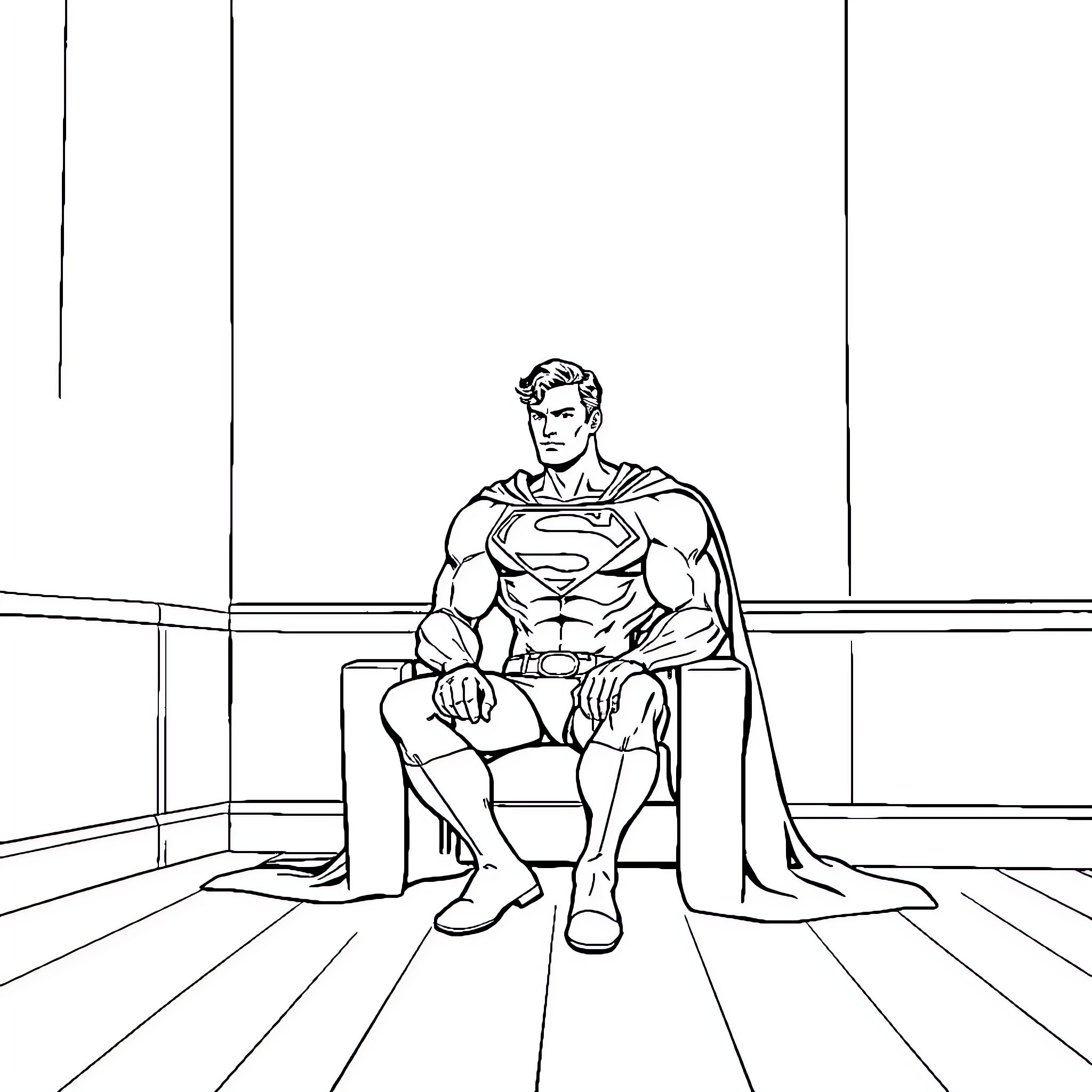 Superman sitting on a chair in the spotlight Coloring Page (free black-and-white line drawing printable PDF for all, from beginners to advanced learners, including children, teens, adults, and seniors)
