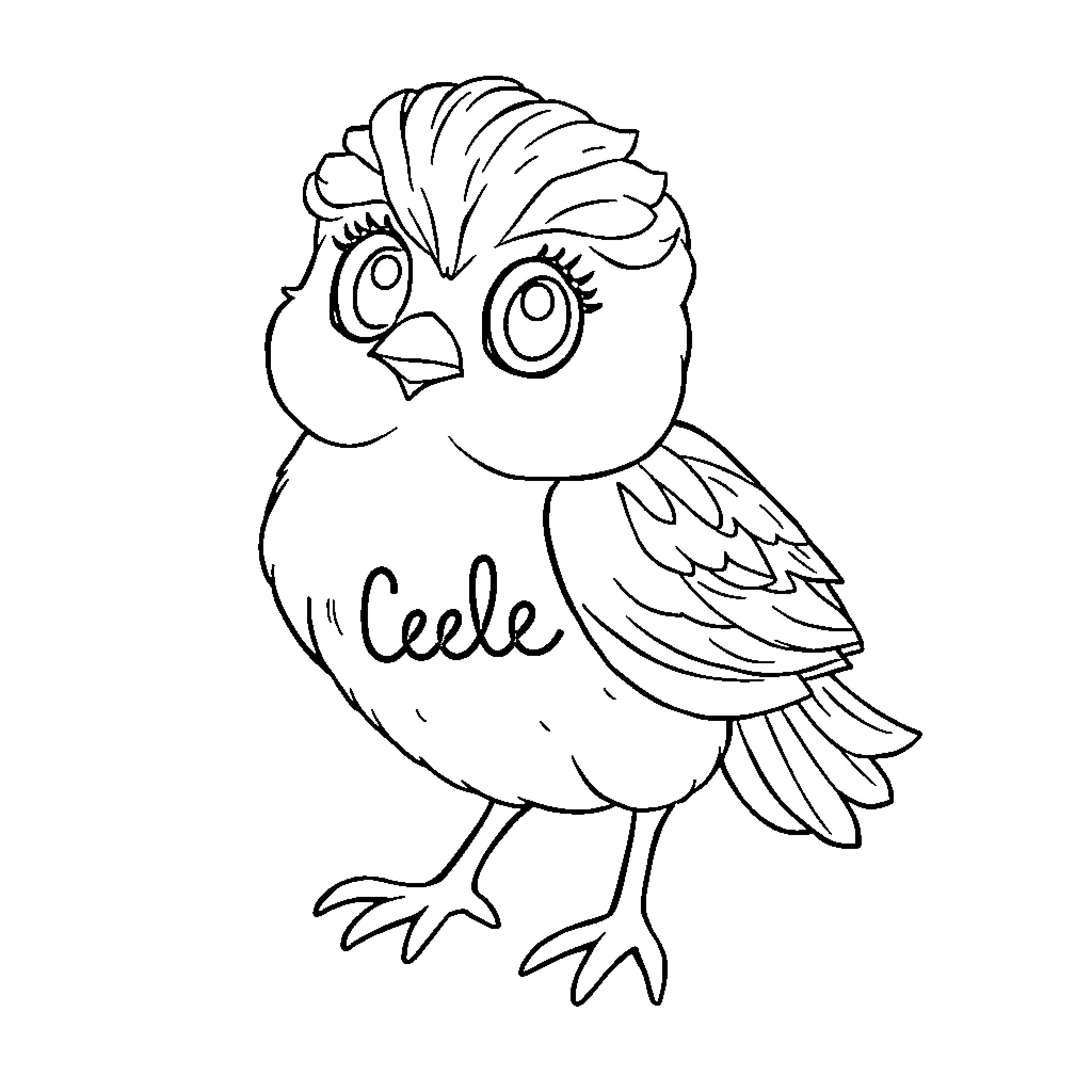 Célula - Cute cartoon bird character Coloring Page (free black-and-white line drawing printable PDF for all, from beginners to advanced learners, including children, teens, adults, and seniors)
