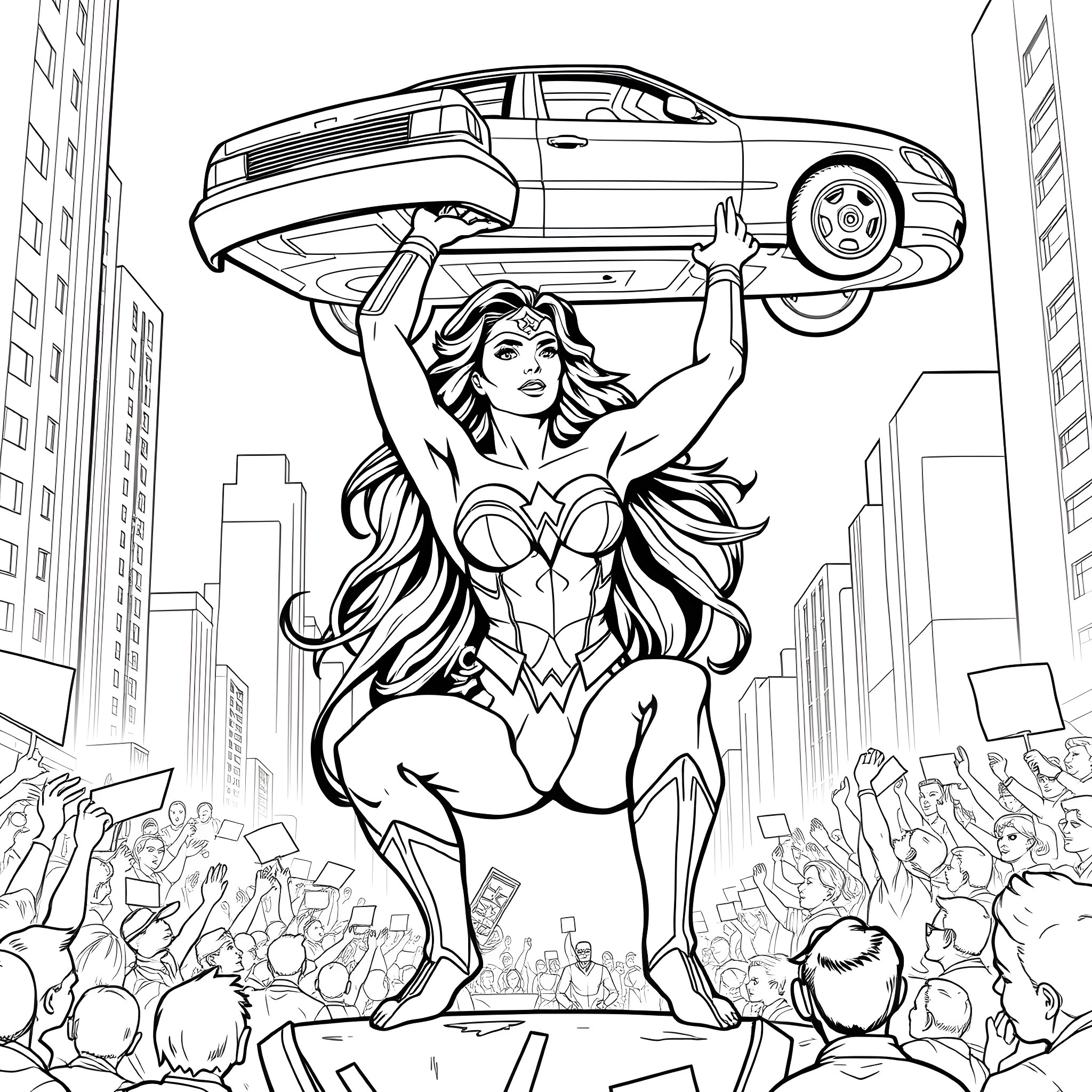Wonder Woman heroically lifting car in cityscape Coloring Page (free black-and-white line drawing printable PDF for all, from beginners to advanced learners, including children, teens, adults, and seniors)