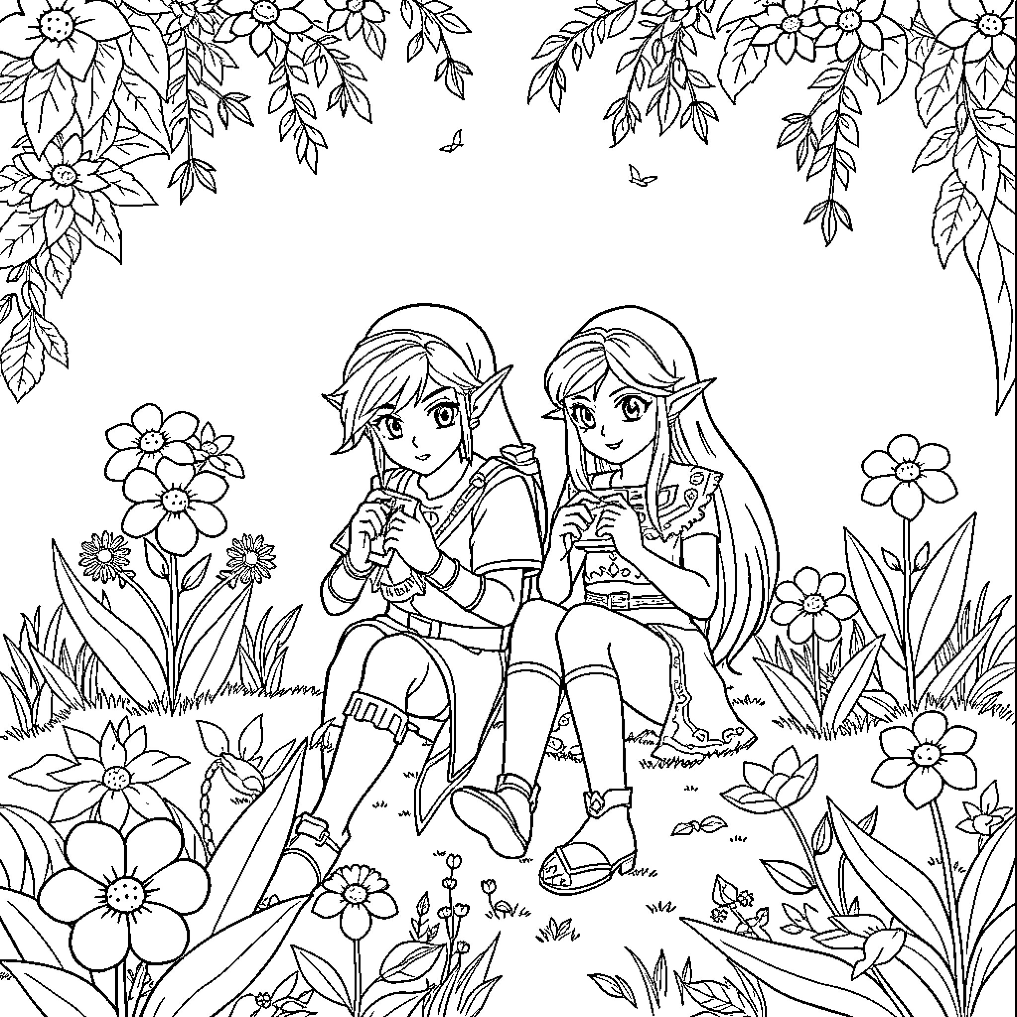 Link Exploring Lush Floral Garden with Companion Coloring Page (free black-and-white line drawing printable PDF for all, from beginners to advanced learners, including children, teens, adults, and seniors)