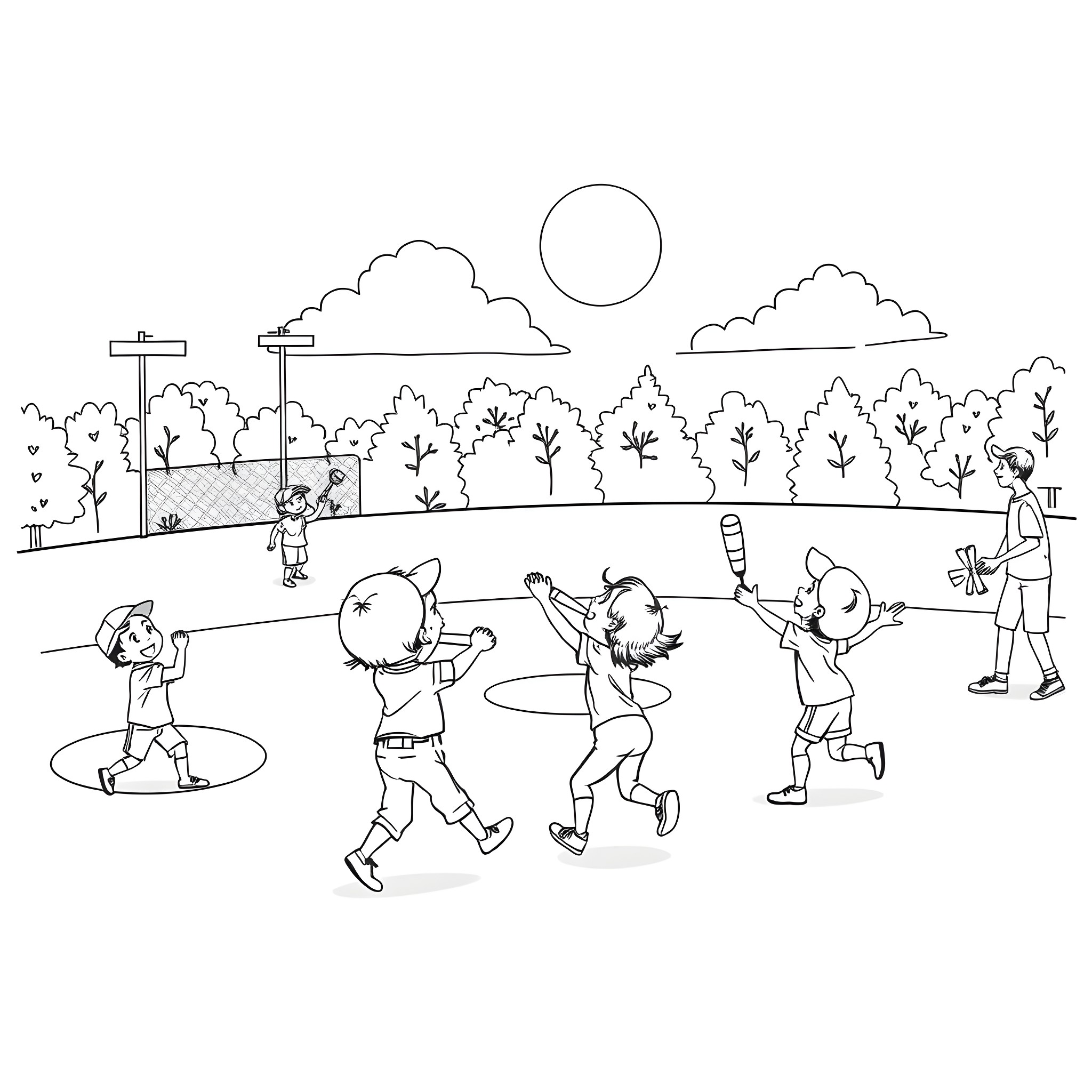 Baseball players practicing on the field Coloring Page (free black-and-white line drawing printable PDF for all, from beginners to advanced learners, including children, teens, adults, and seniors)