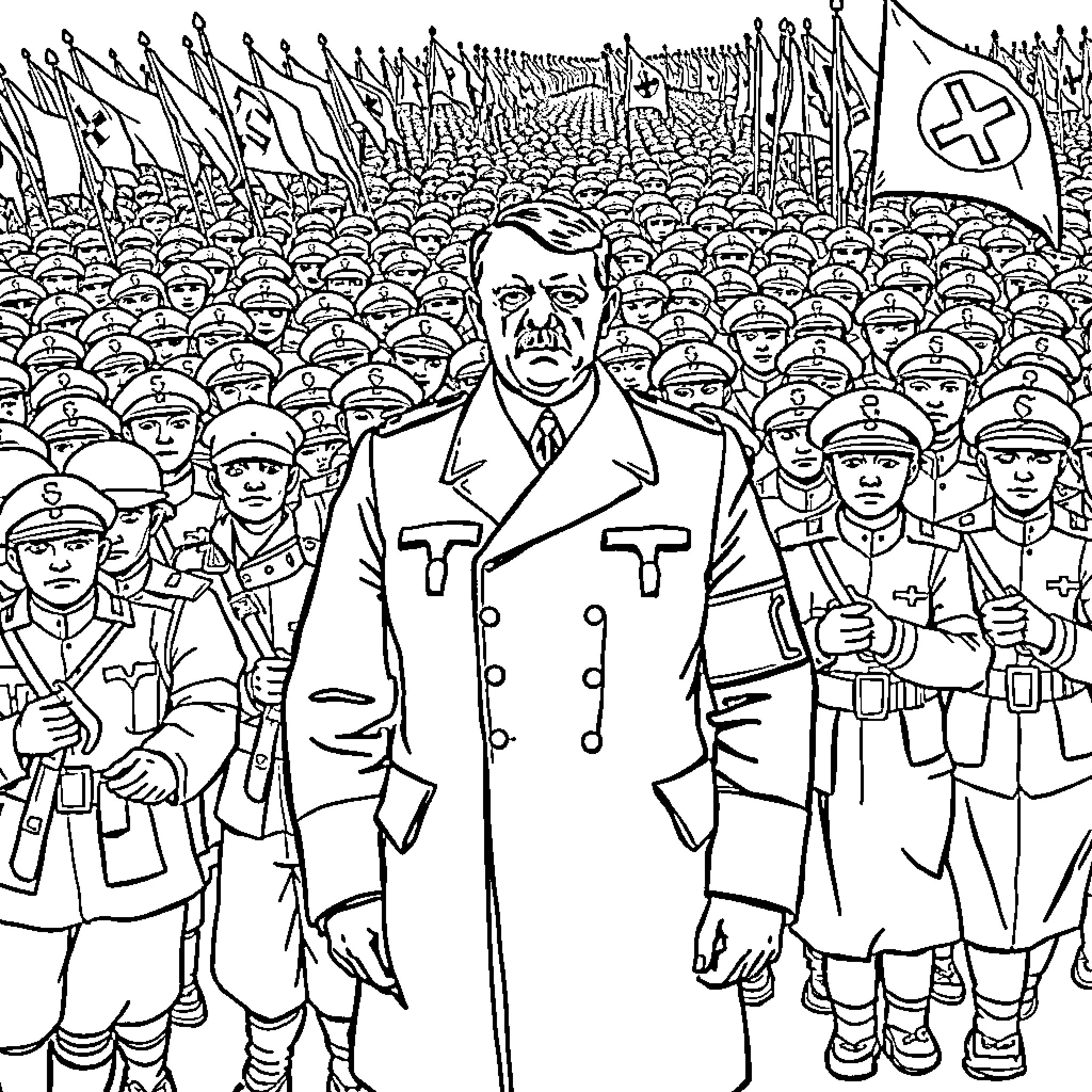 Adolf Hitler addressing a massive crowd of uniformed soldiers Coloring Page (free black-and-white line drawing printable PDF for all, from beginners to advanced learners, including children, teens, adults, and seniors)
