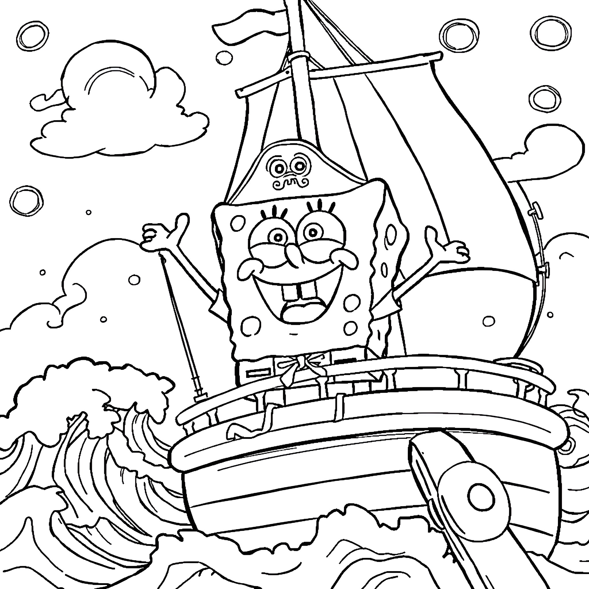 Spongebob sailing on a boat in the ocean Coloring Page (free black-and-white line drawing printable PDF for all, from beginners to advanced learners, including children, teens, adults, and seniors)