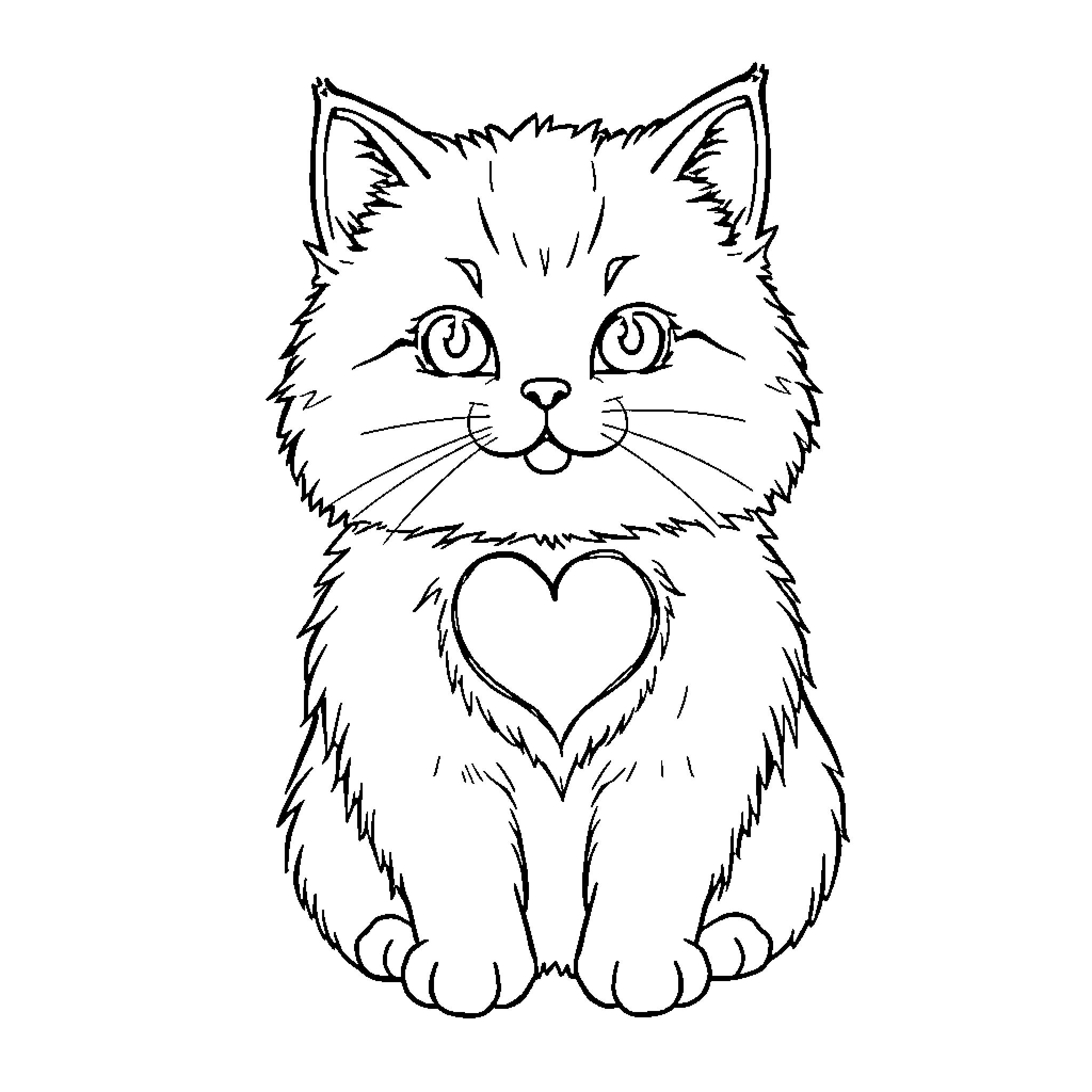 Cat with heart-shaped fur pattern Coloring Page (free black-and-white line drawing printable PDF for all, from beginners to advanced learners, including children, teens, adults, and seniors)