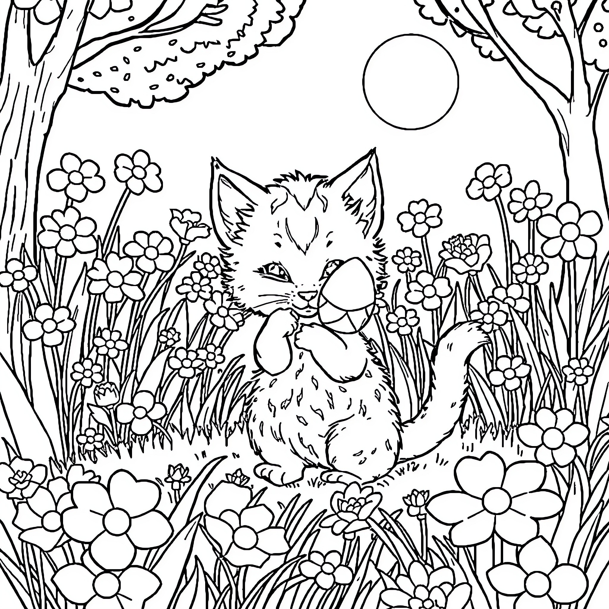 Kitten exploring a lush flower-filled garden Coloring Page (free black-and-white line drawing printable PDF for all, from beginners to advanced learners, including children, teens, adults, and seniors)