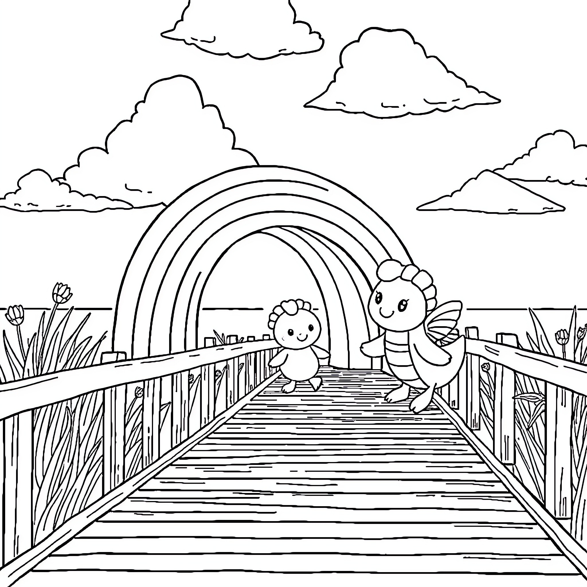 Friend Playing on a Wooden Bridge Coloring Page (free black-and-white line drawing printable PDF for all, from beginners to advanced learners, including children, teens, adults, and seniors)