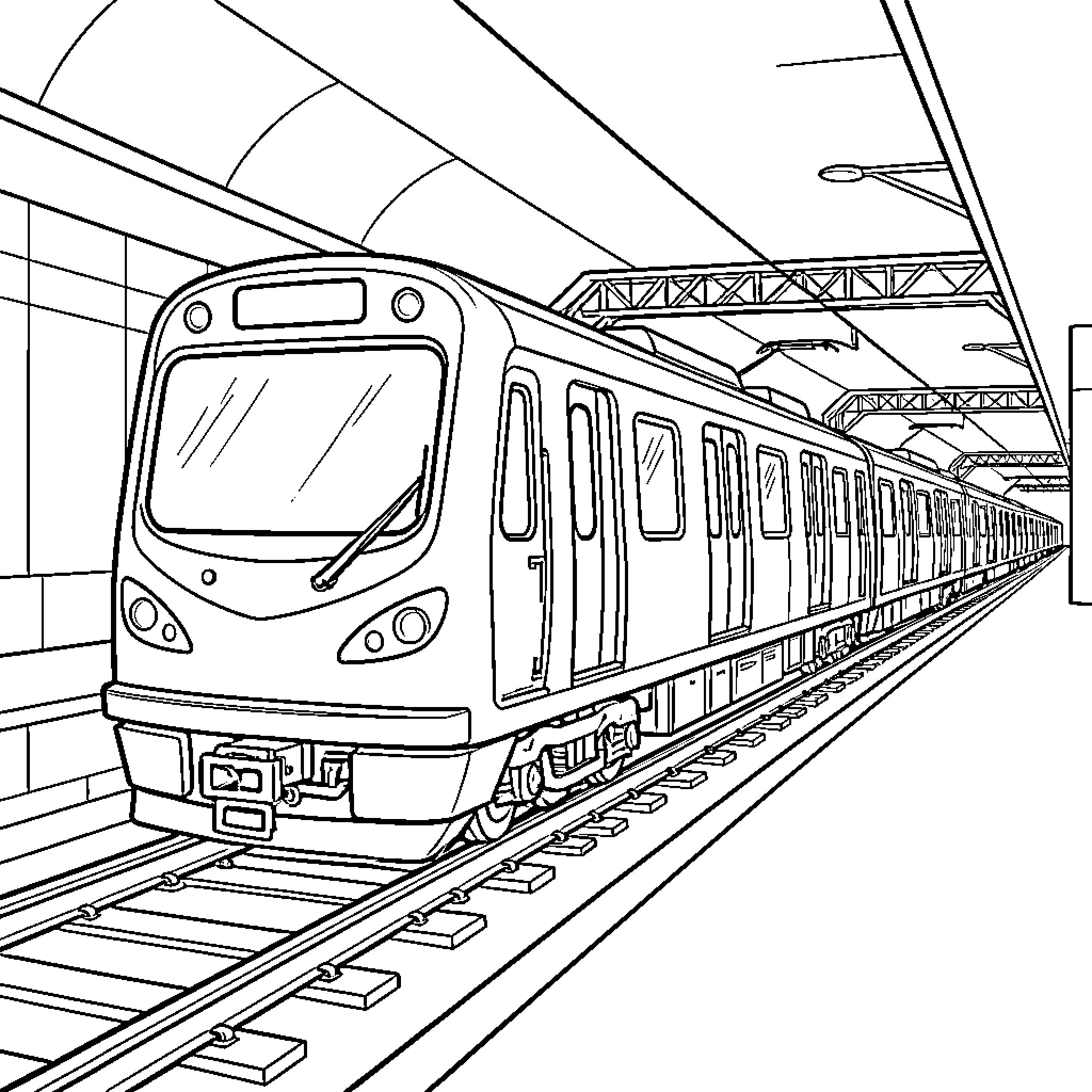 Metro Train Arriving at Station Platform Coloring Page (free black-and-white line drawing printable PDF for all, from beginners to advanced learners, including children, teens, adults, and seniors)