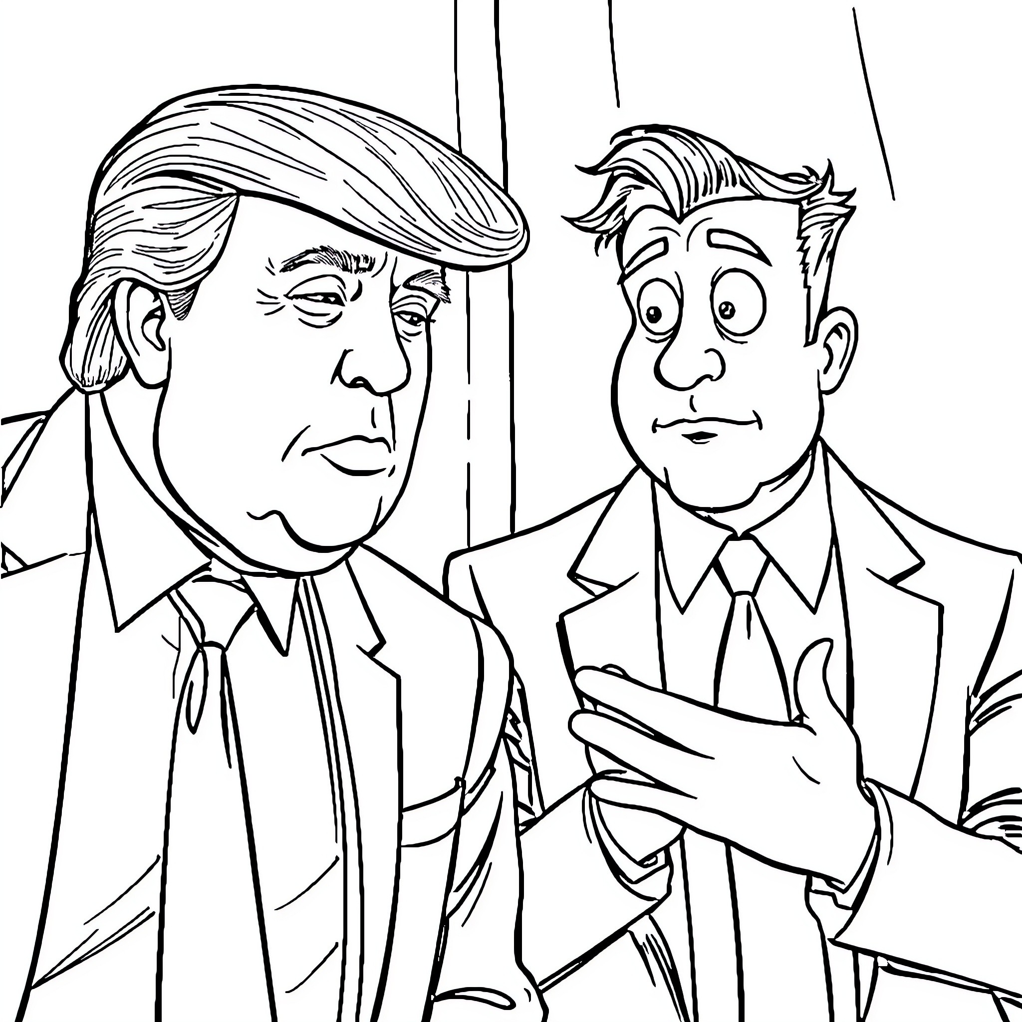 Donald Trump and Unknown Man in Formal Attire Coloring Page (free black-and-white line drawing printable PDF for all, from beginners to advanced learners, including children, teens, adults, and seniors)