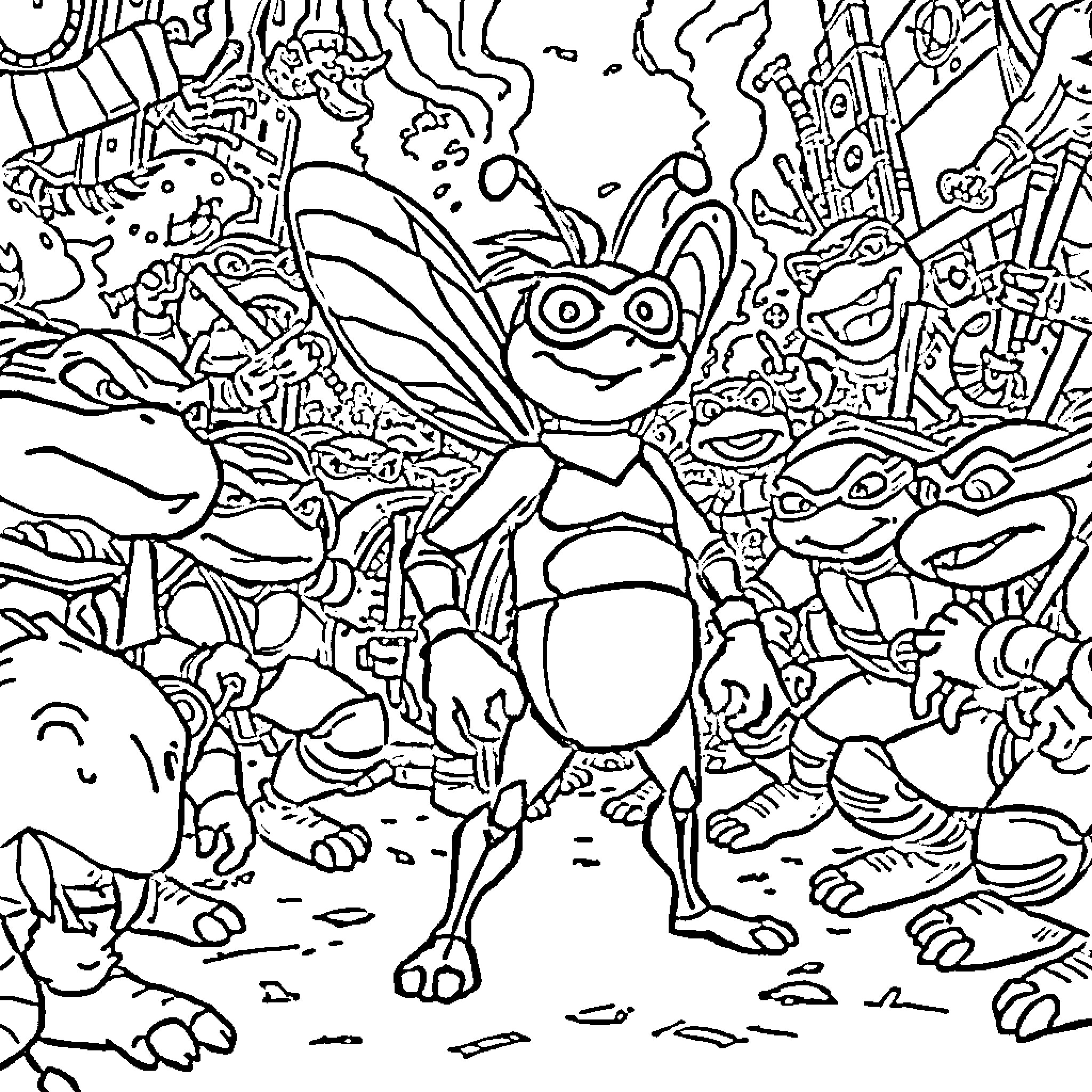 Mutant Ninja Turtle in Chaotic Outpost Coloring Page (free black-and-white line drawing printable PDF for all, from beginners to advanced learners, including children, teens, adults, and seniors)
