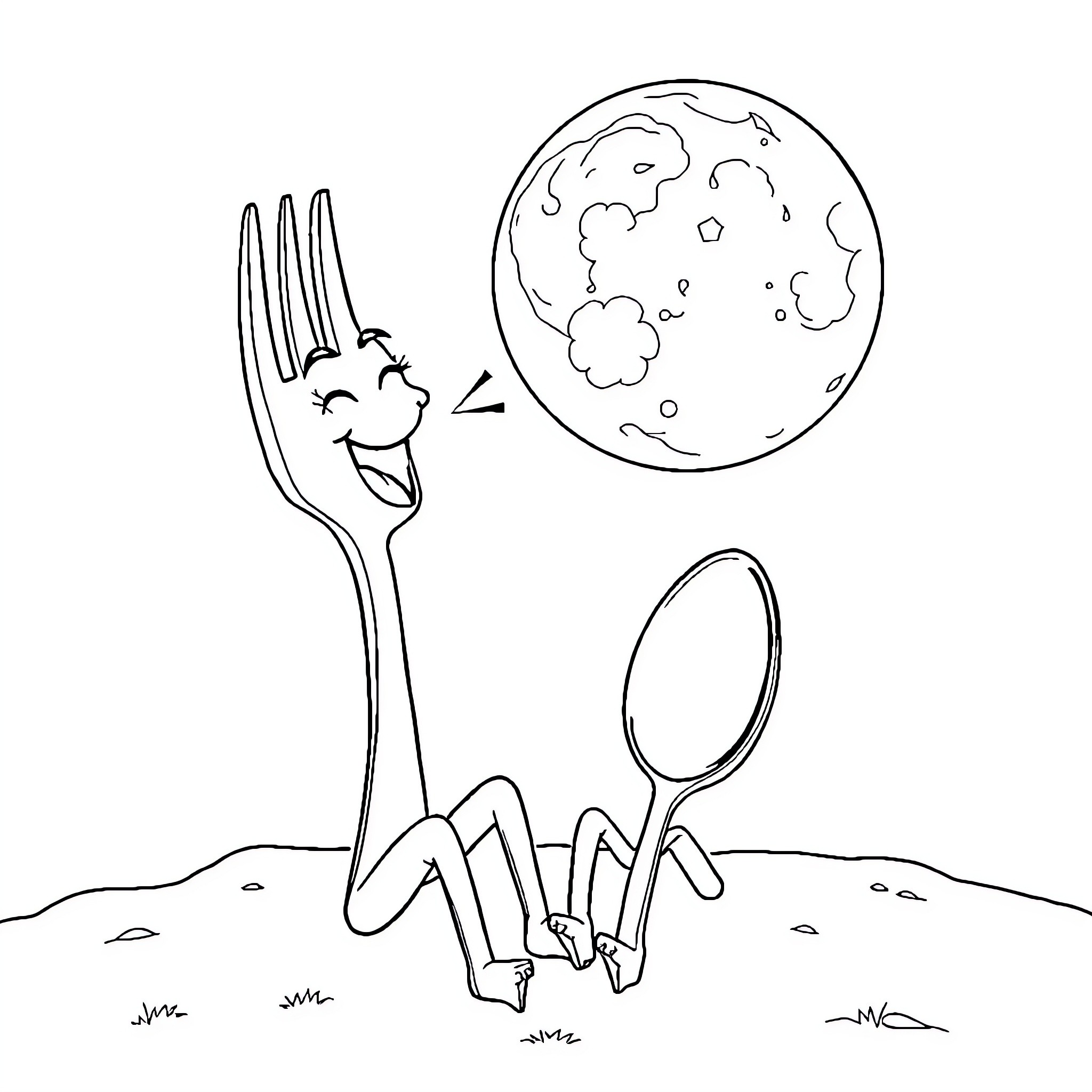 Fork and Spoon Enjoying Moonlit Landscape Coloring Page (free black-and-white line drawing printable PDF for all, from beginners to advanced learners, including children, teens, adults, and seniors)