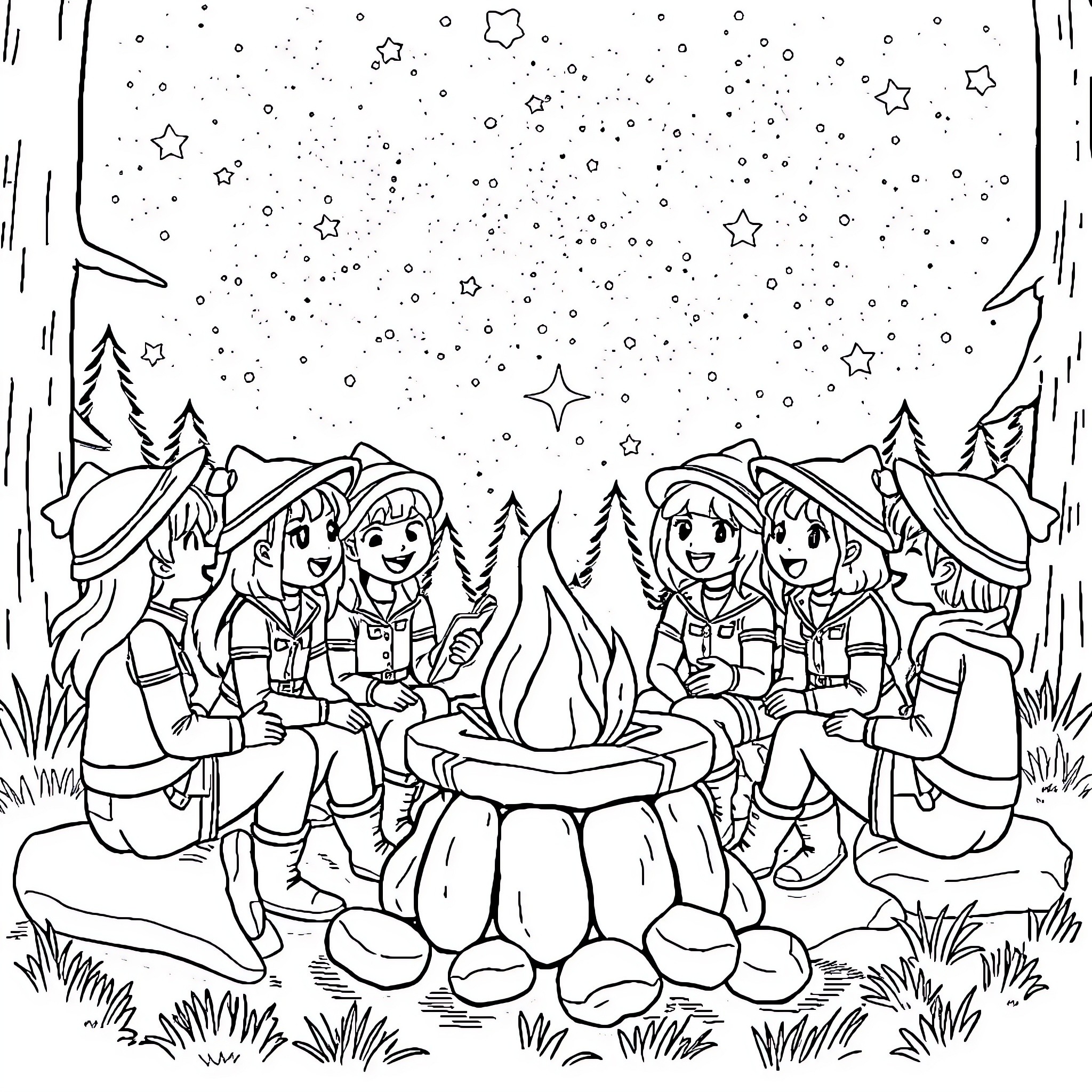 Ranger Friends Gathering around Campfire at Night Coloring Page (free black-and-white line drawing printable PDF for all, from beginners to advanced learners, including children, teens, adults, and seniors)