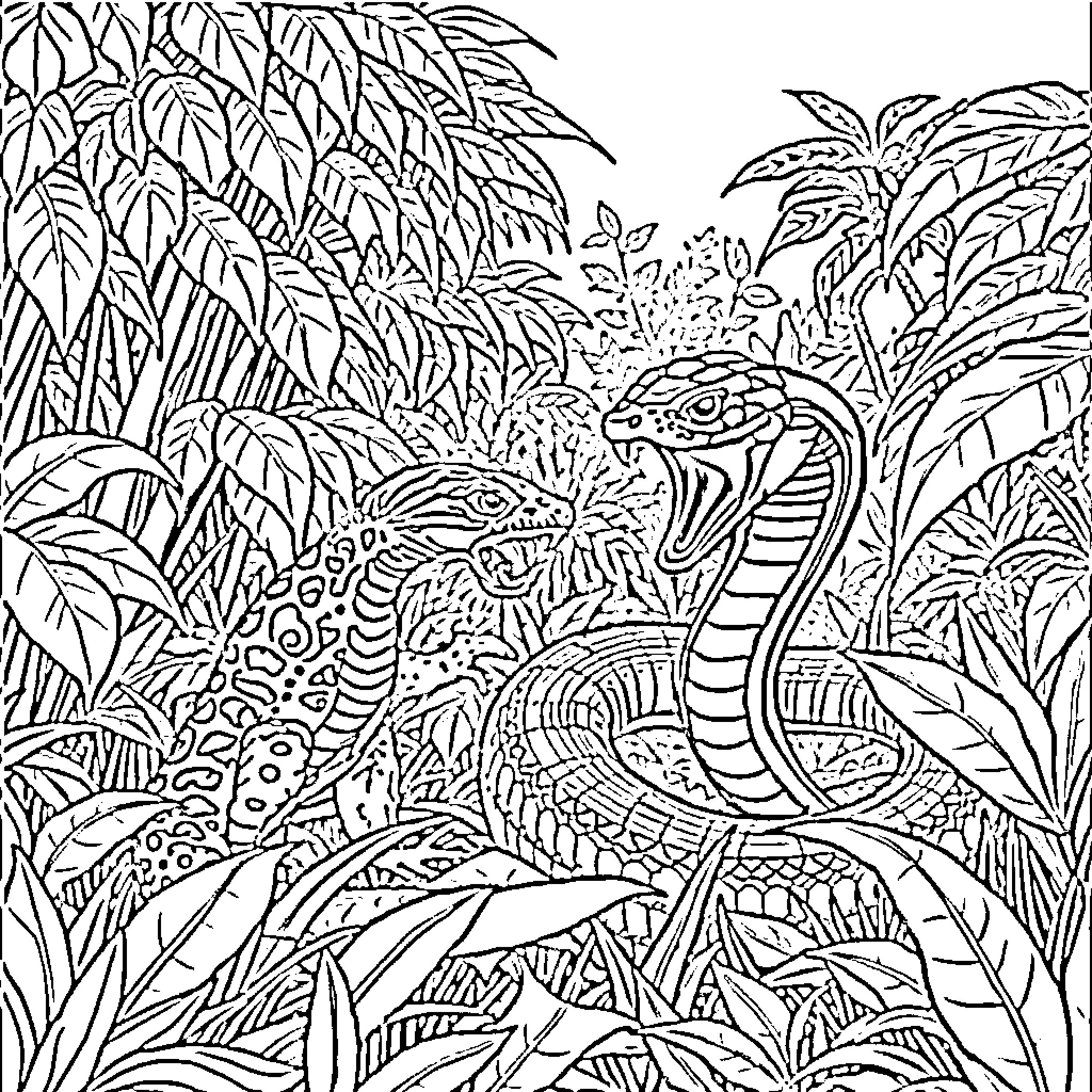 Mongoose stalking prey in the dense jungle Coloring Page (free black-and-white line drawing printable PDF for all, from beginners to advanced learners, including children, teens, adults, and seniors)