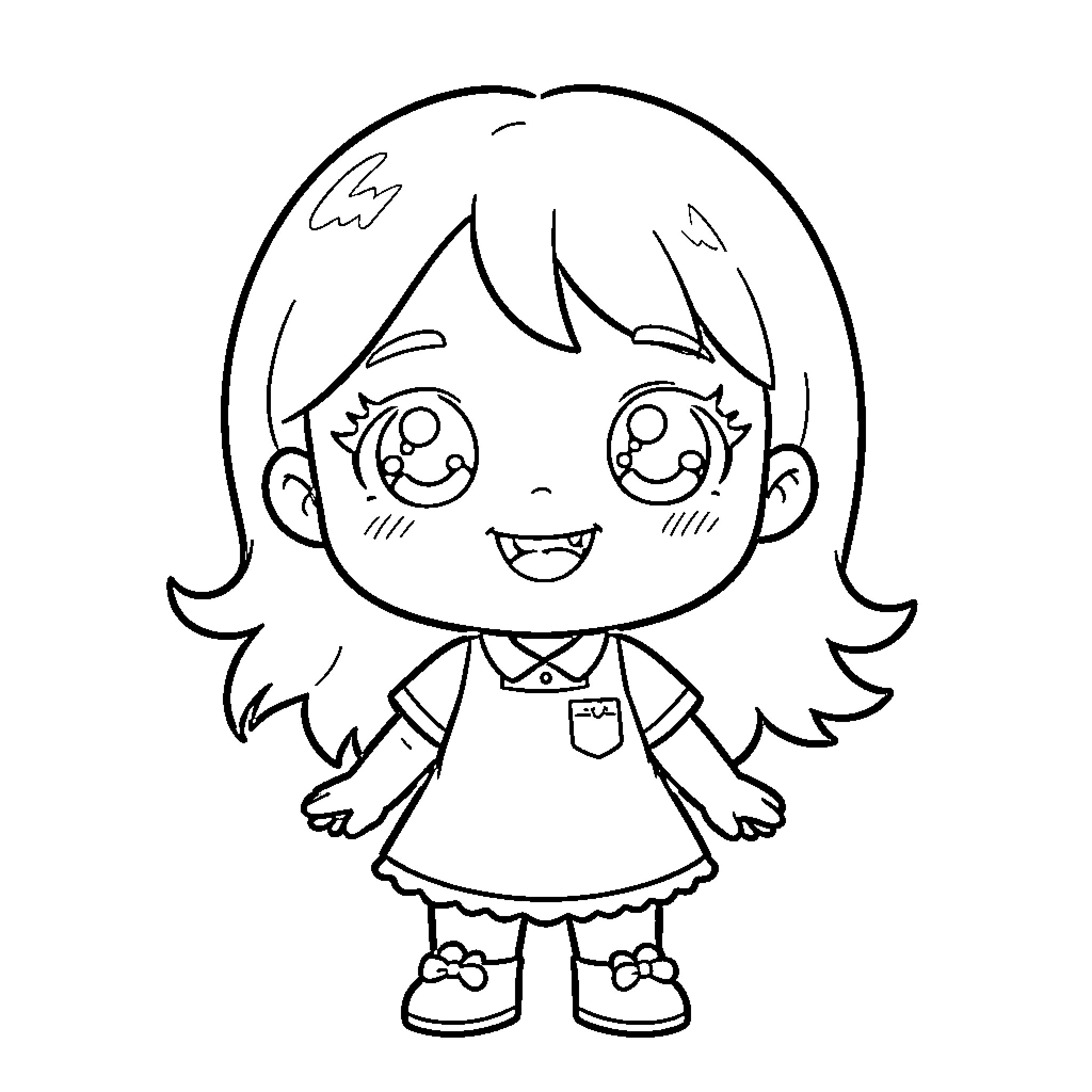 Kawaii girl smiling happily in a cute dress Coloring Page (free black-and-white line drawing printable PDF for all, from beginners to advanced learners, including children, teens, adults, and seniors)